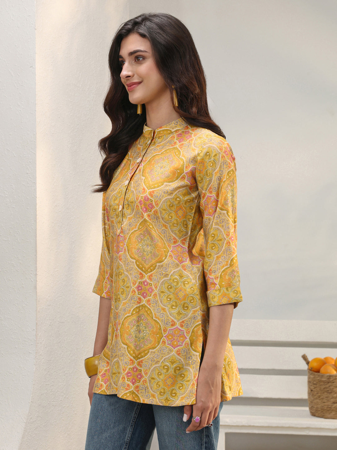  Mustard Ethnic Printed Silk Blend Straight Short Kurti 