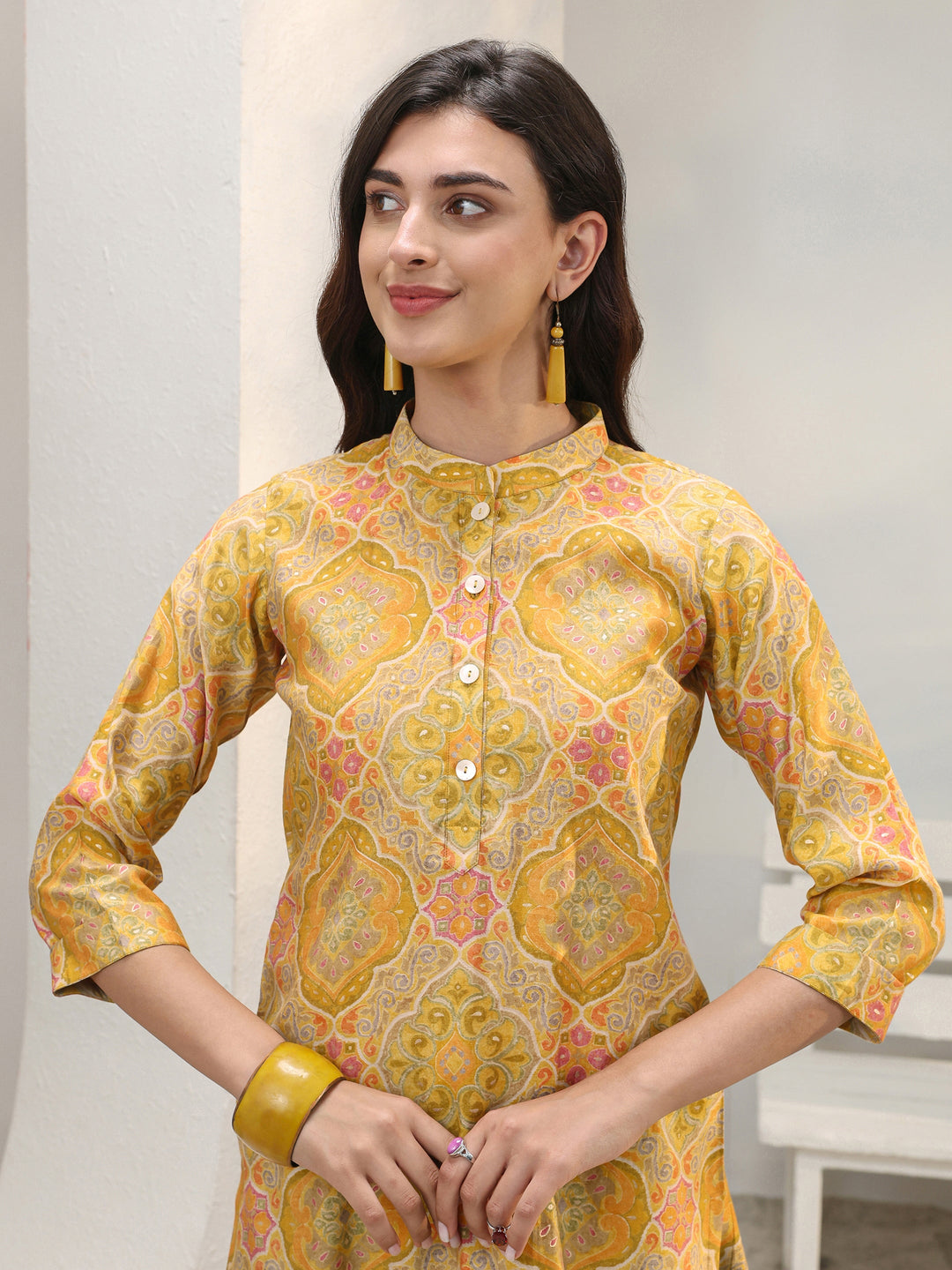  Mustard Ethnic Printed Silk Blend Straight Short Kurti 