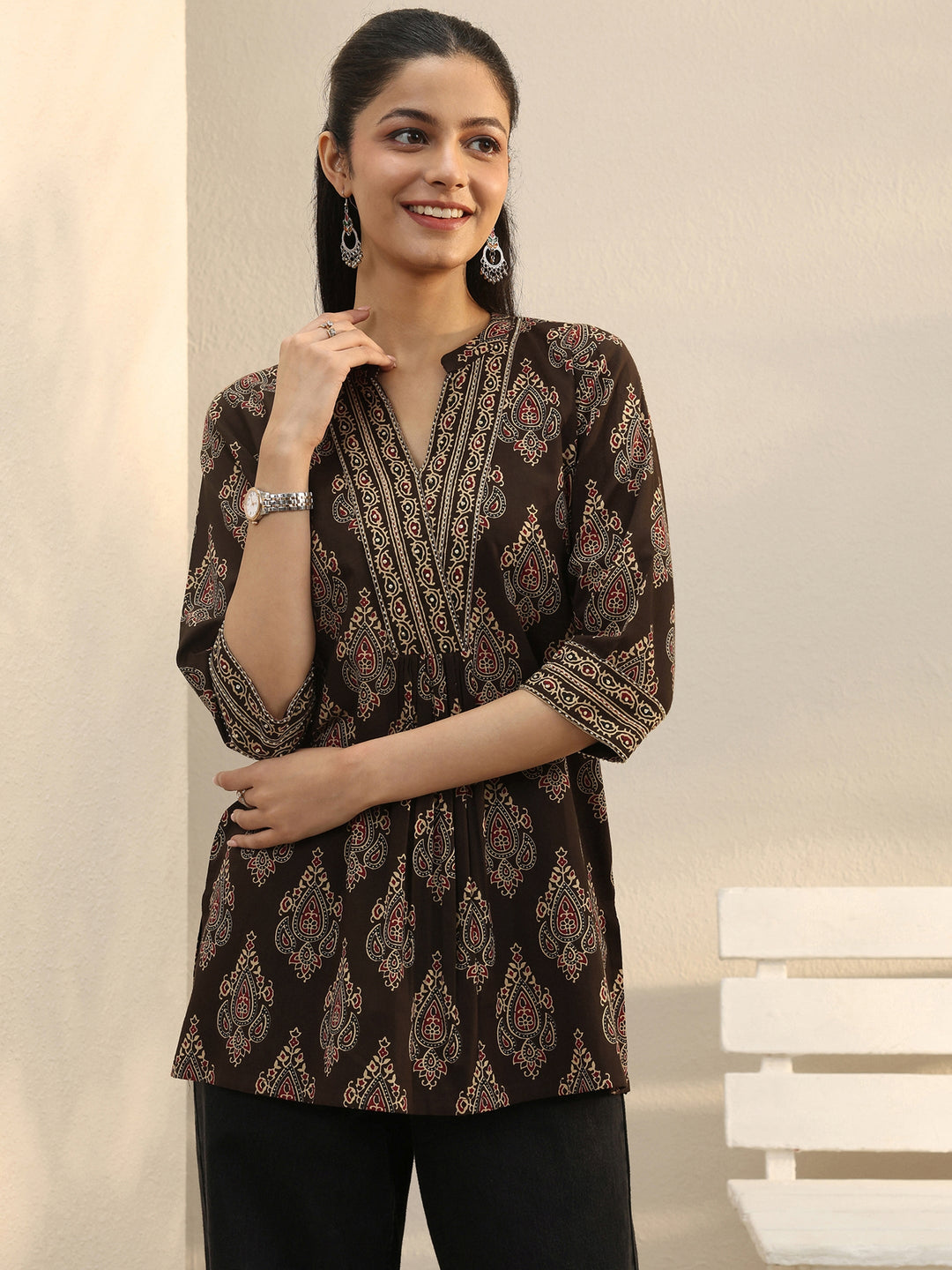 Brown Ethnic Printed Cotton A-Line Short Kurti 