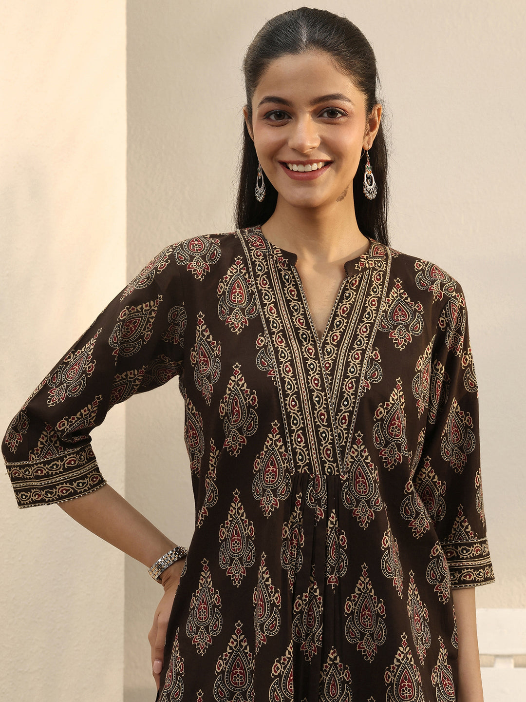  Brown Ethnic Printed Cotton A-Line Short Kurti 