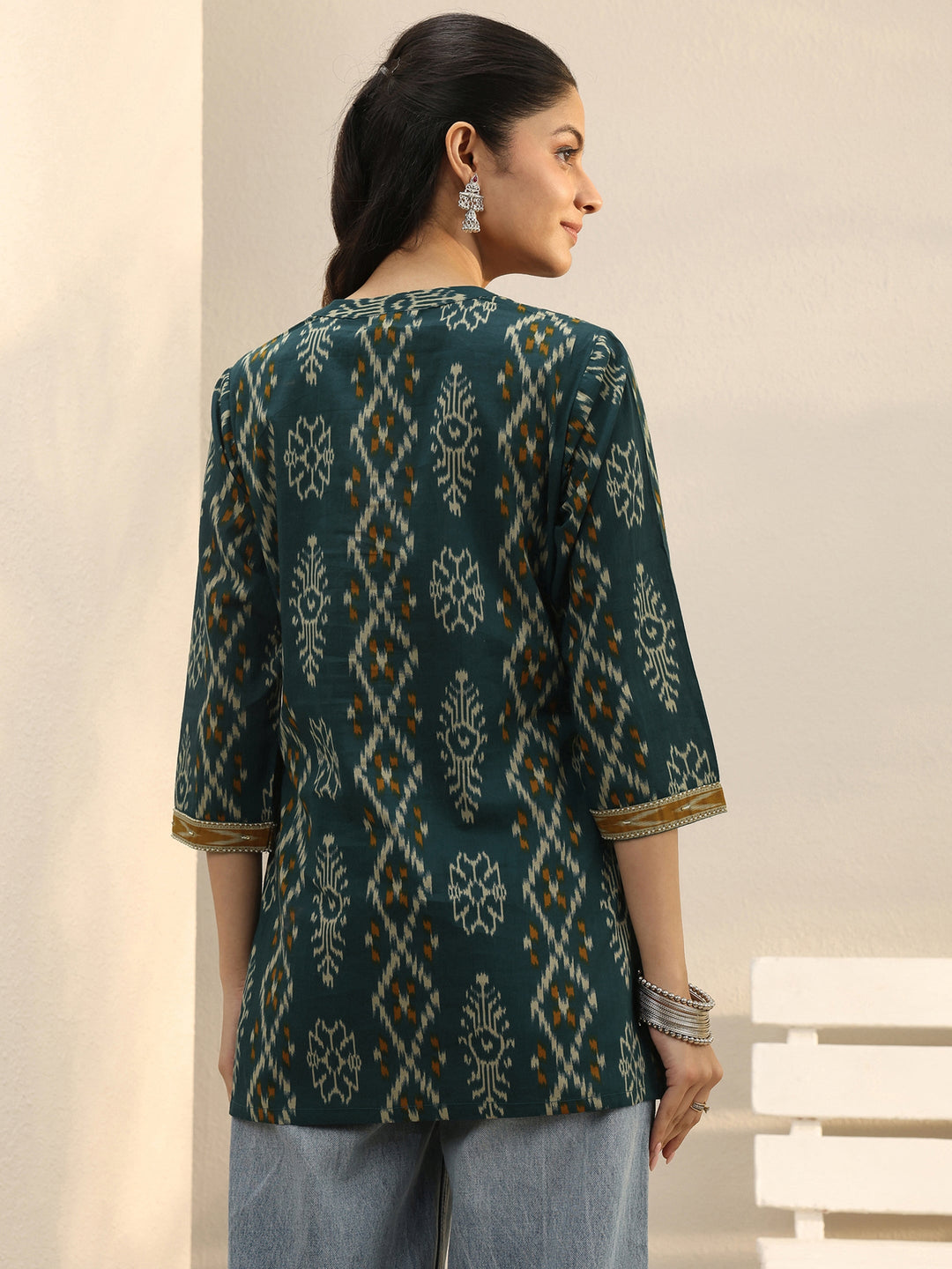  Green Ethnic Printed Cotton A-Line Short Kurti 