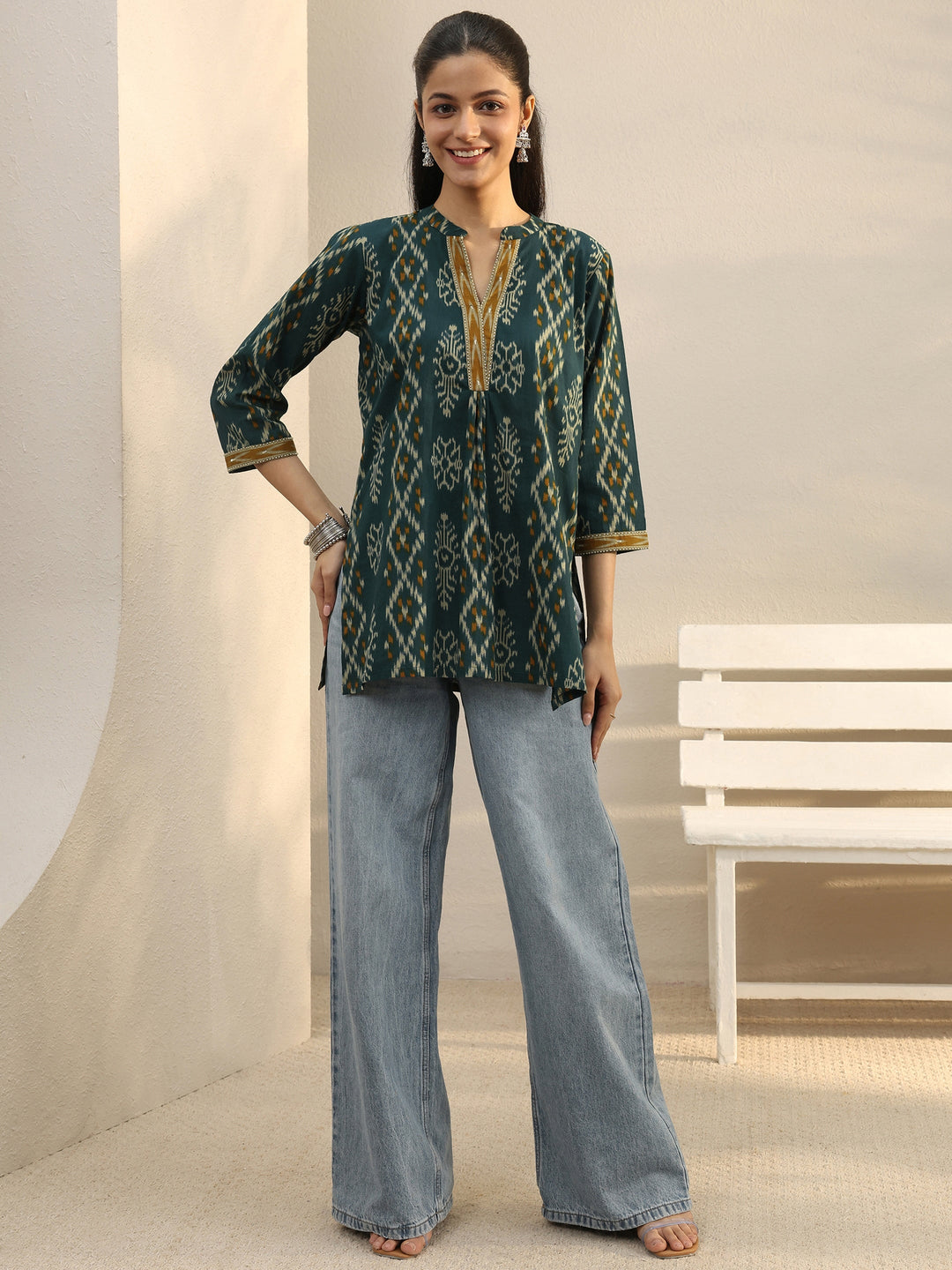  Green Ethnic Printed Cotton A-Line Short Kurti 