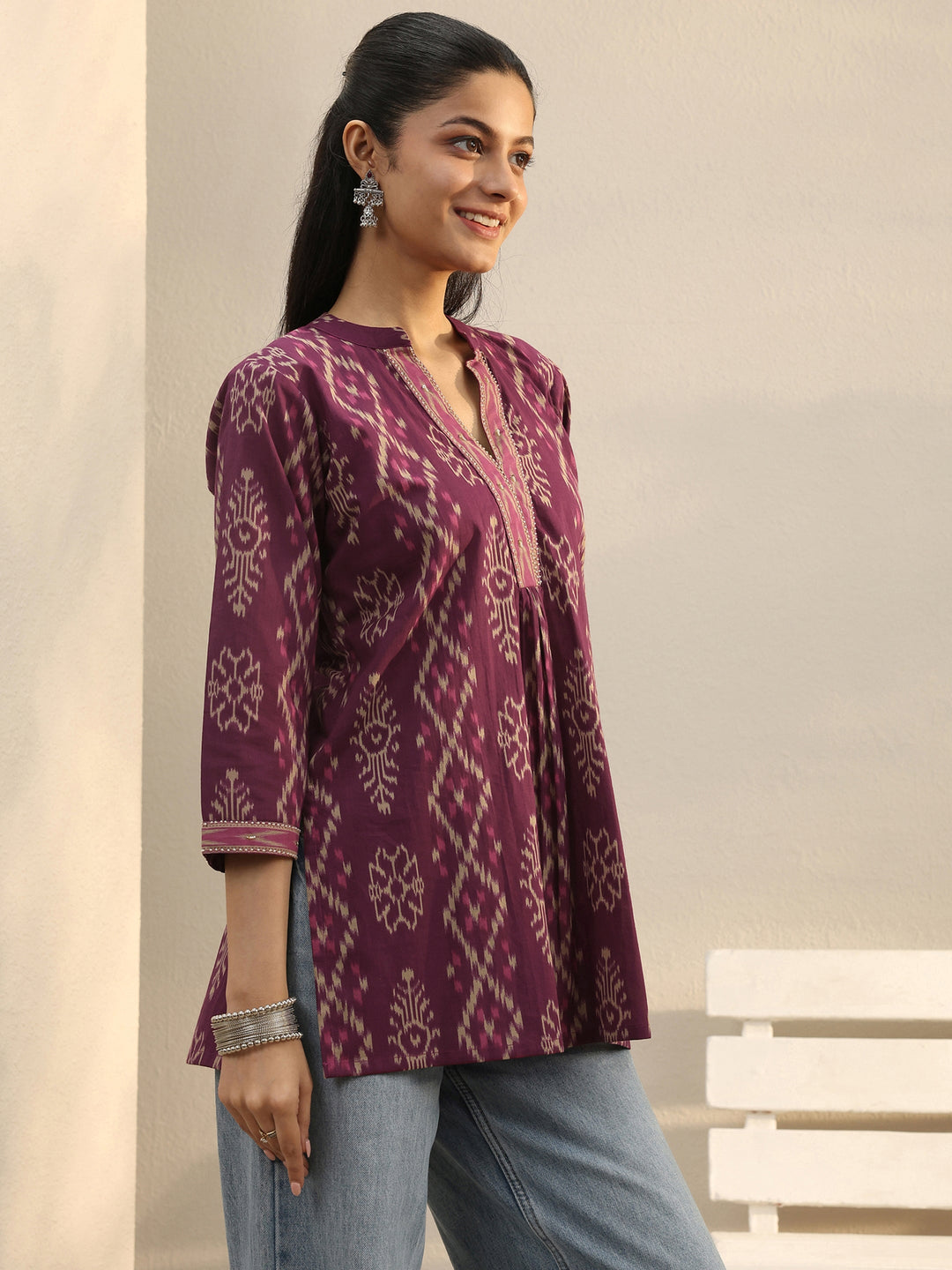  Purple Ethnic Printed Cotton A-Line Short Kurti 