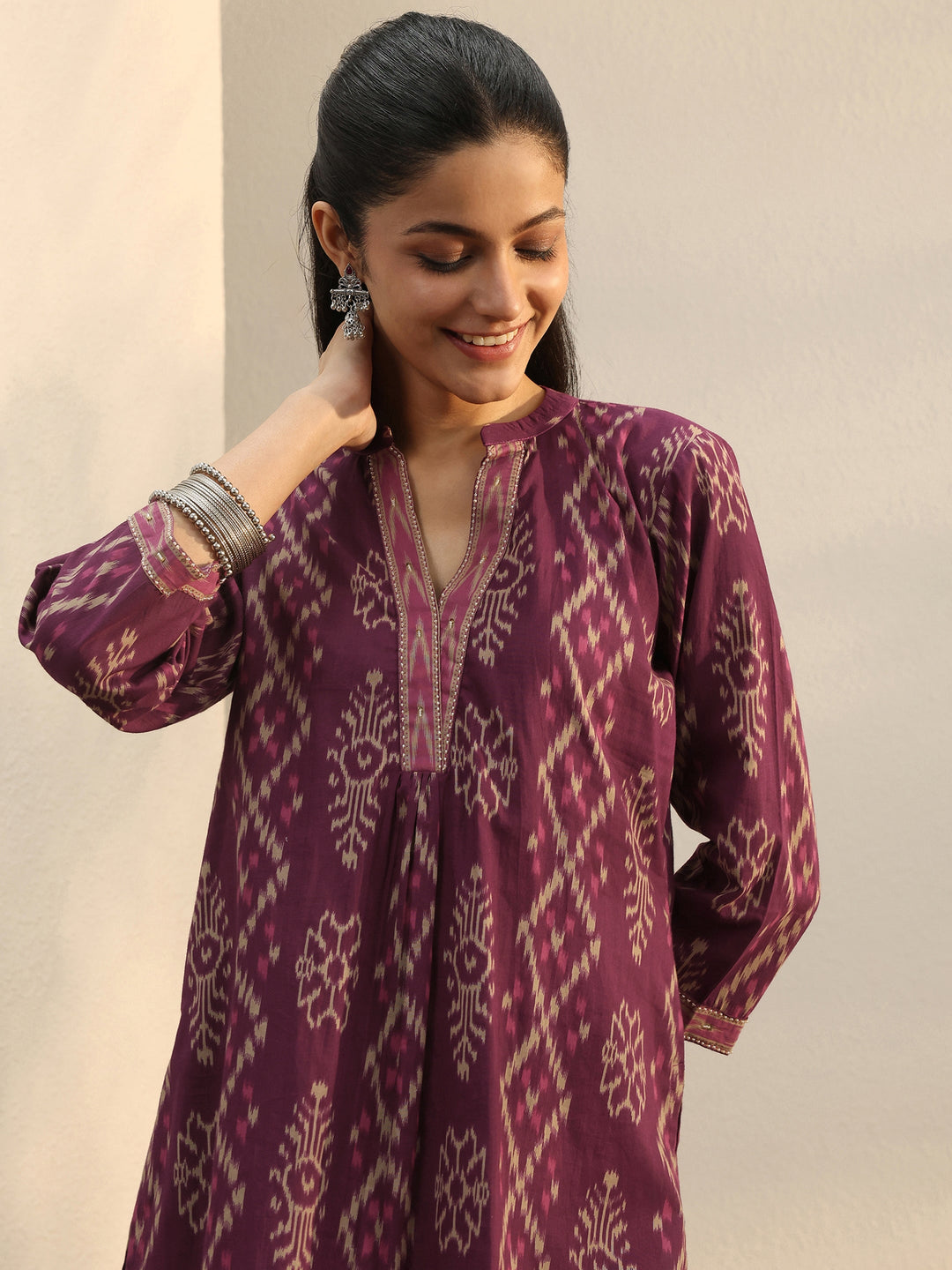  Purple Ethnic Printed Cotton A-Line Short Kurti 