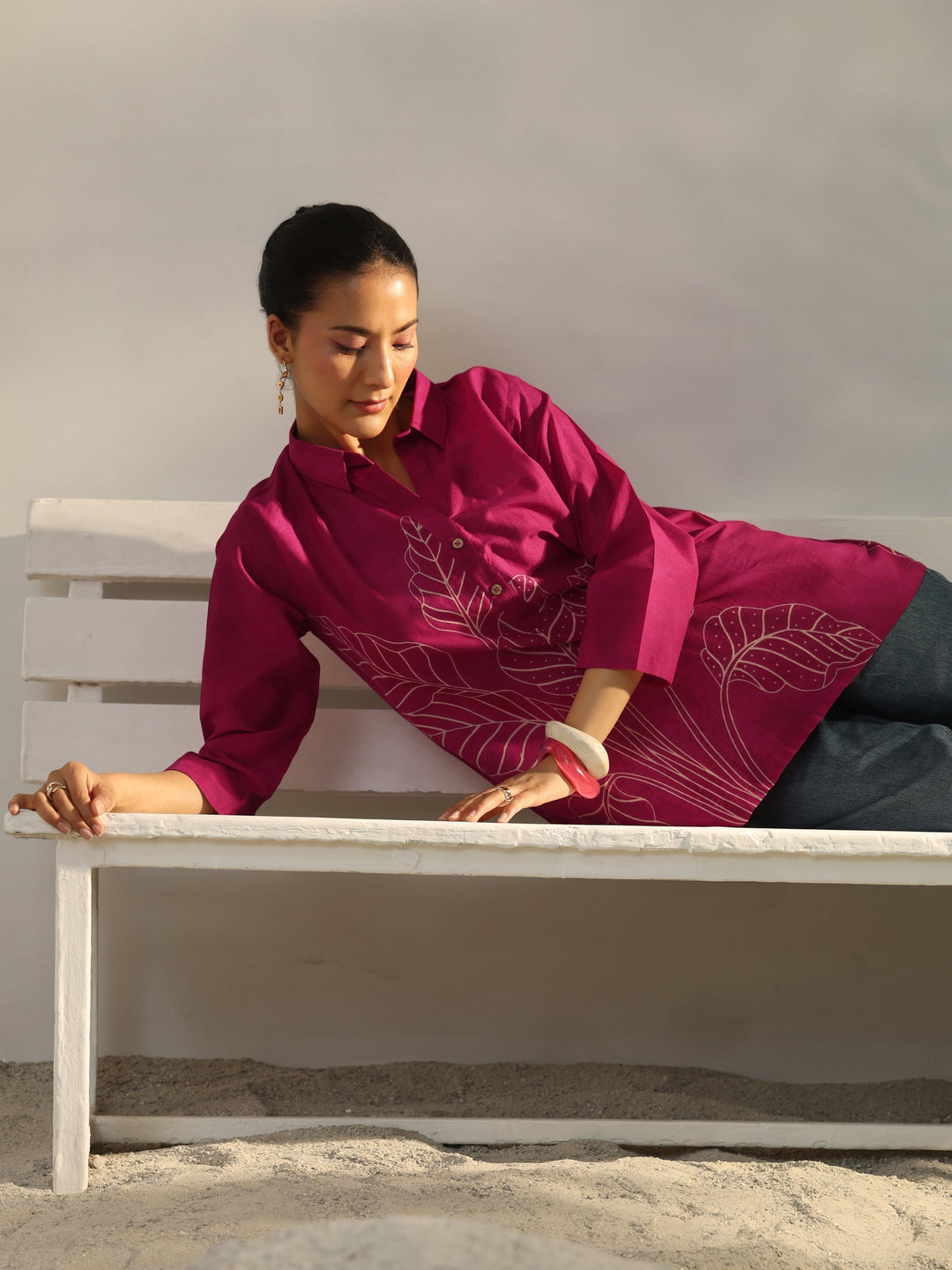  Pink Floral Printed Cotton Straight Short Kurti 