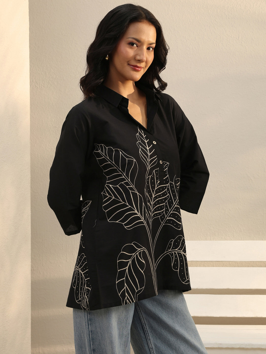  Black Floral Printed Cotton Straight Tunic 