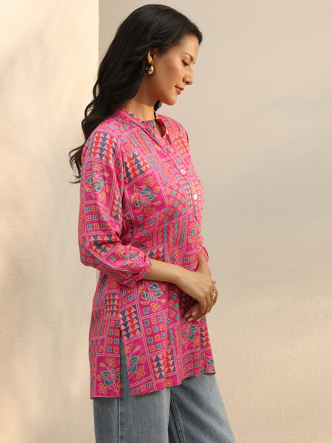  Pink Multi Printed Rayon Straight Tunic 