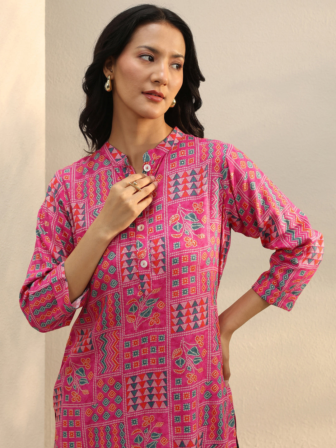  Pink Multi Printed Rayon Straight Tunic 