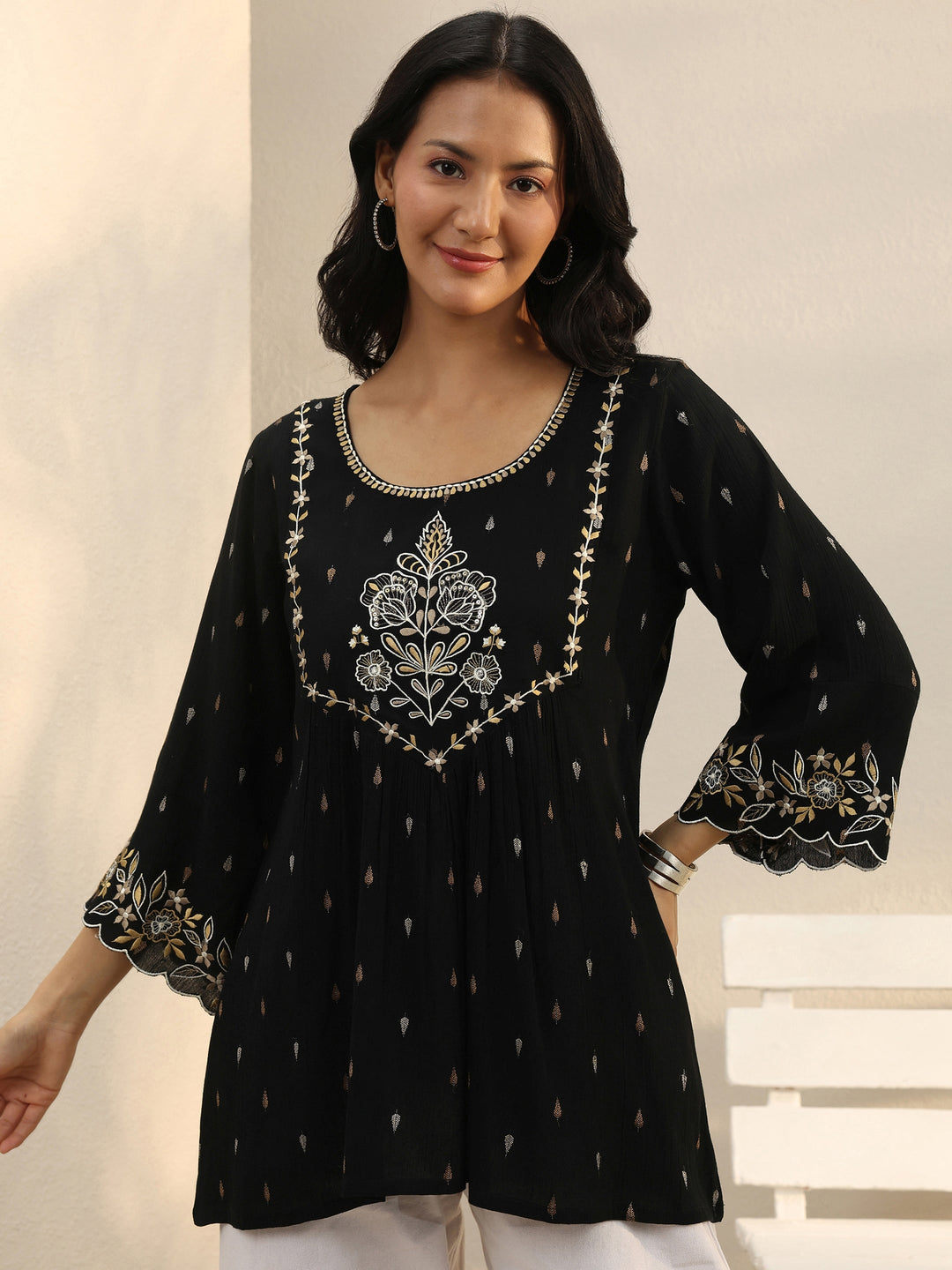  Black Floral Printed Rayon A-Line Short Kurti 