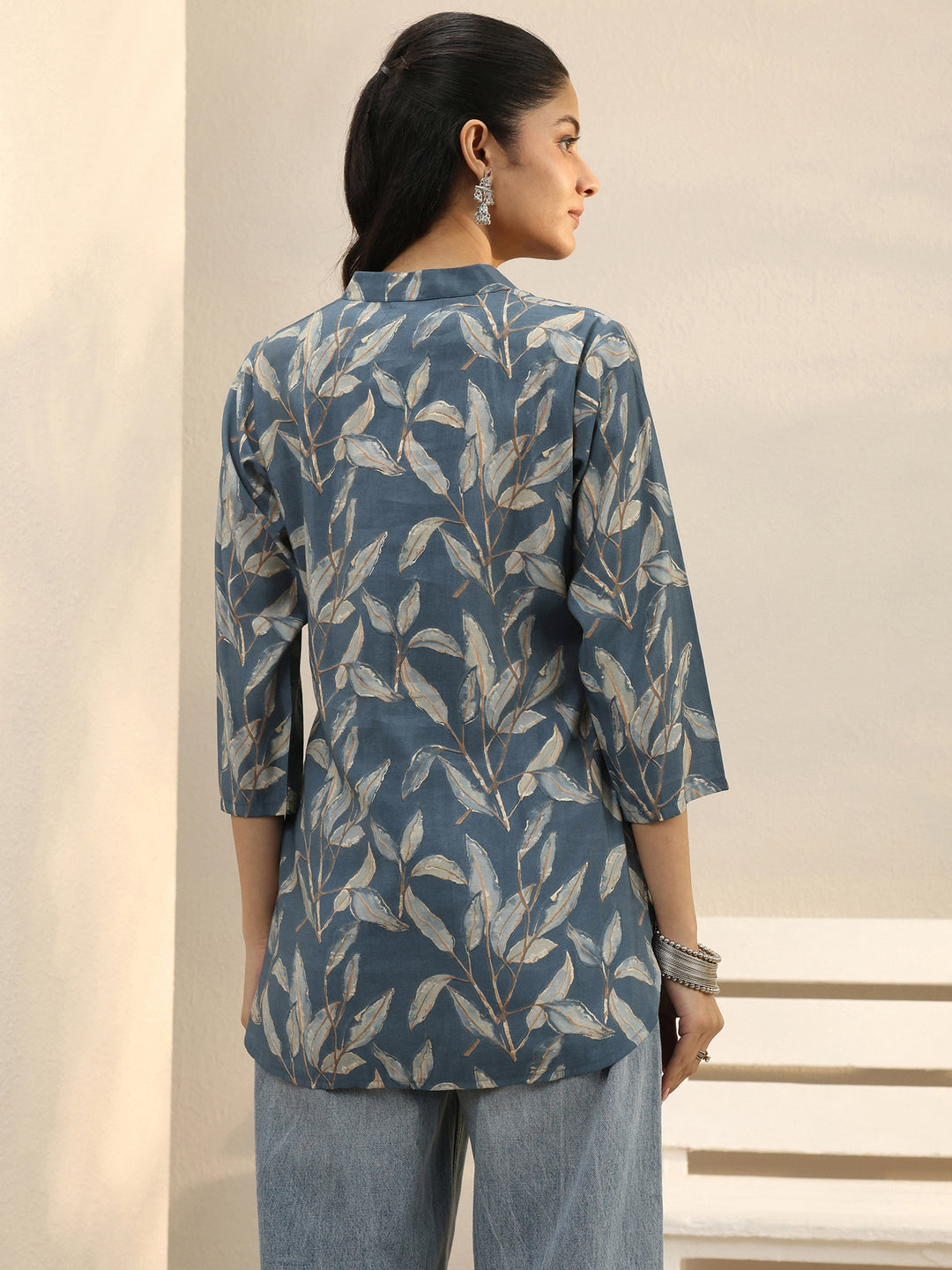  Blue Floral Printed Silk Blend Shirt 
