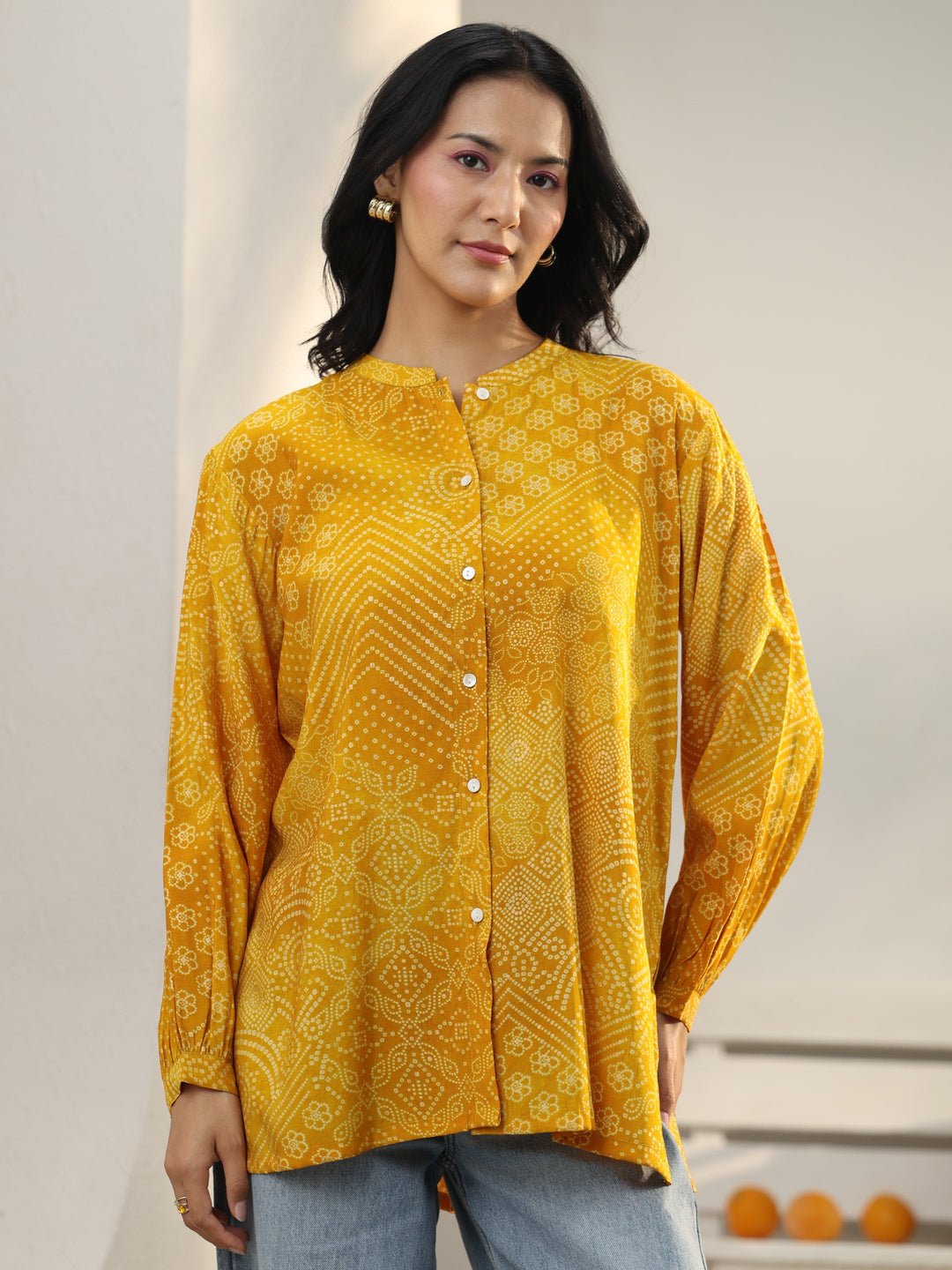  Yellow Bandhani Printed Silk Blend Shirt 