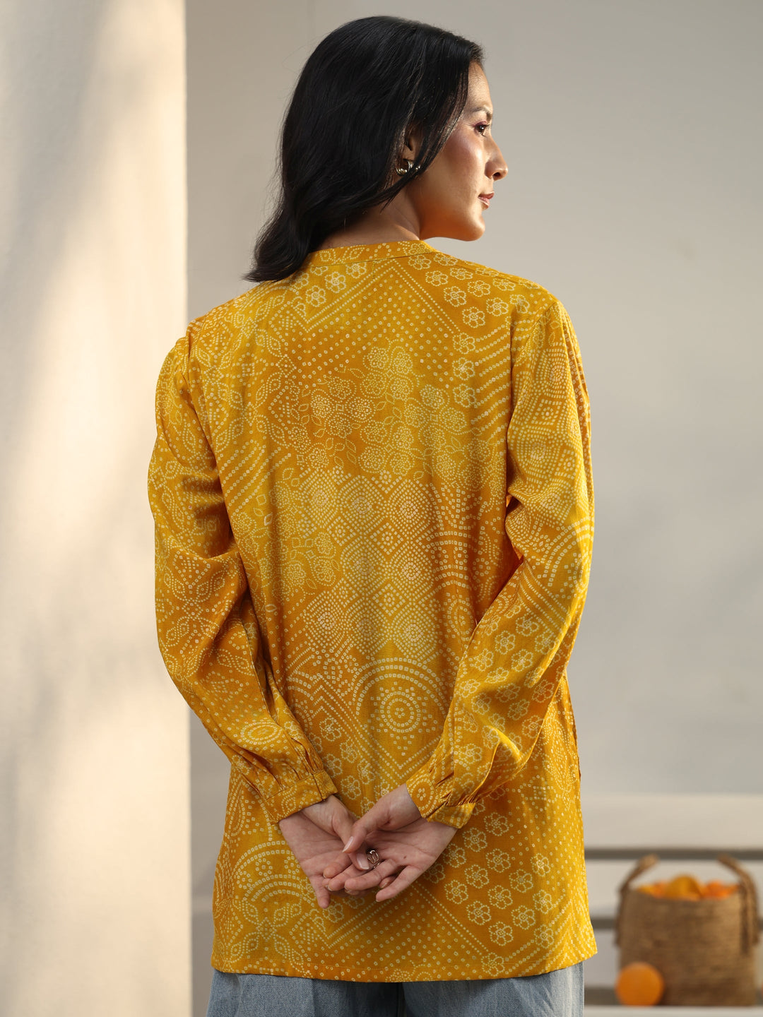  Yellow Bandhani Printed Silk Blend Shirt 
