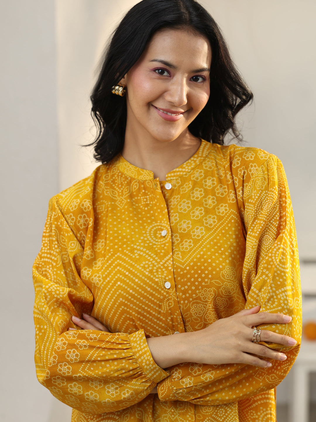  Yellow Bandhani Printed Silk Blend Shirt 