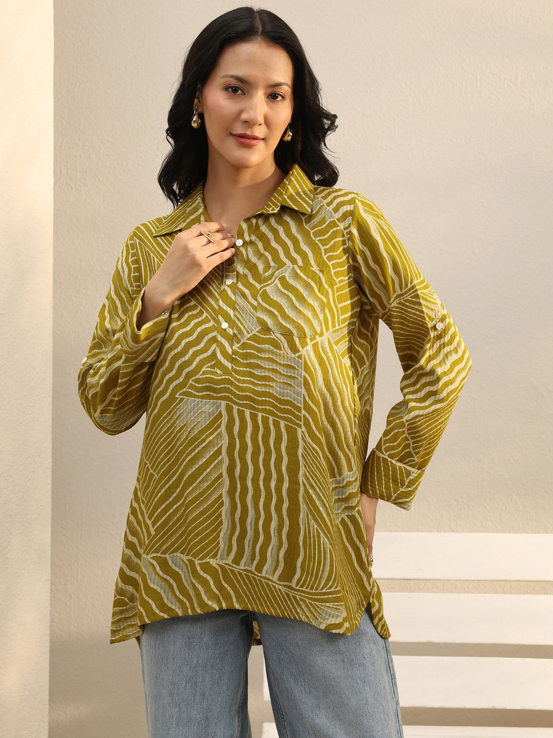  Green Abstract Printed Silk Blend Tunic 