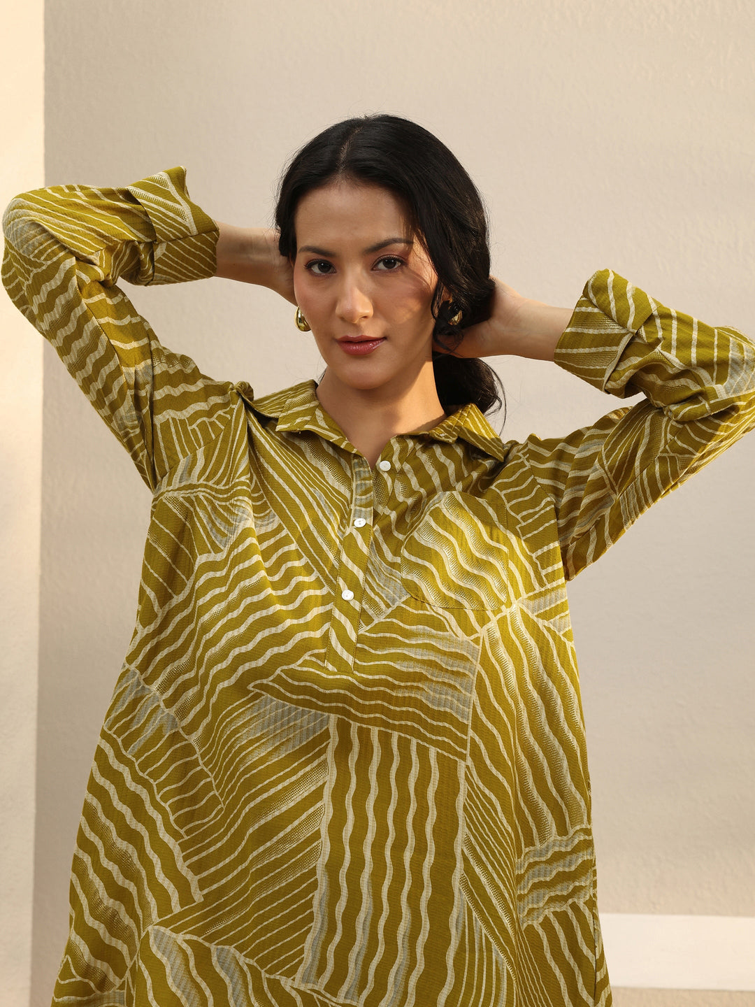  Green Abstract Printed Silk Blend Tunic 