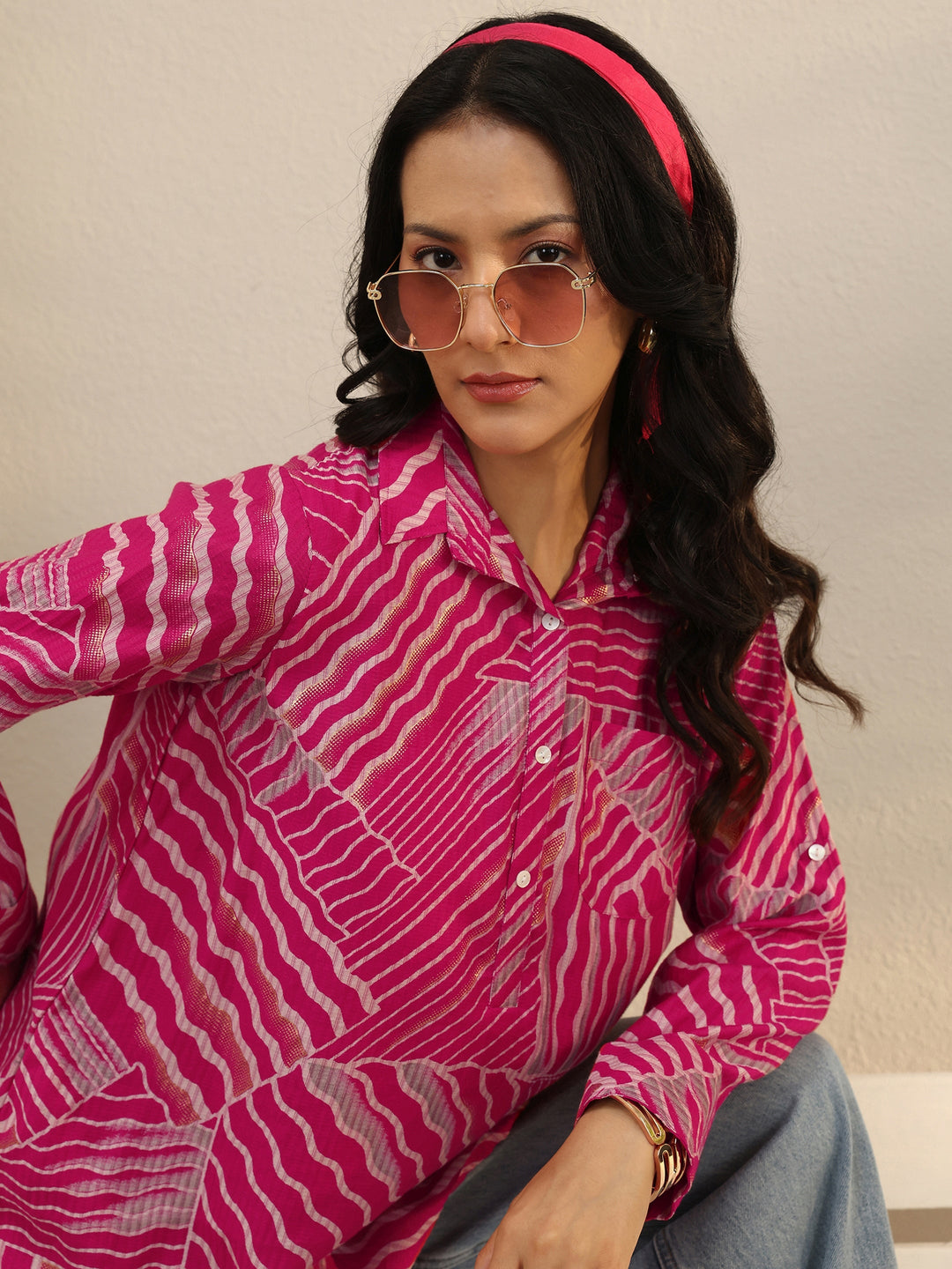  Pink Abstract Printed Silk Blend Tunic 