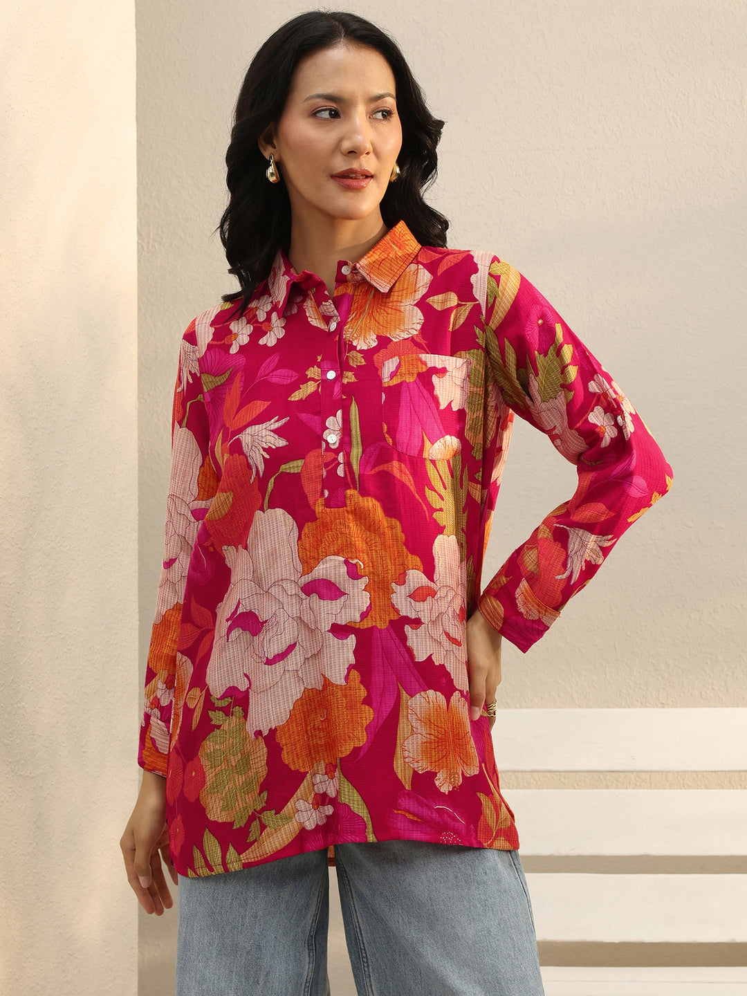  Pink Floral Printed Silk Blend Tunic 