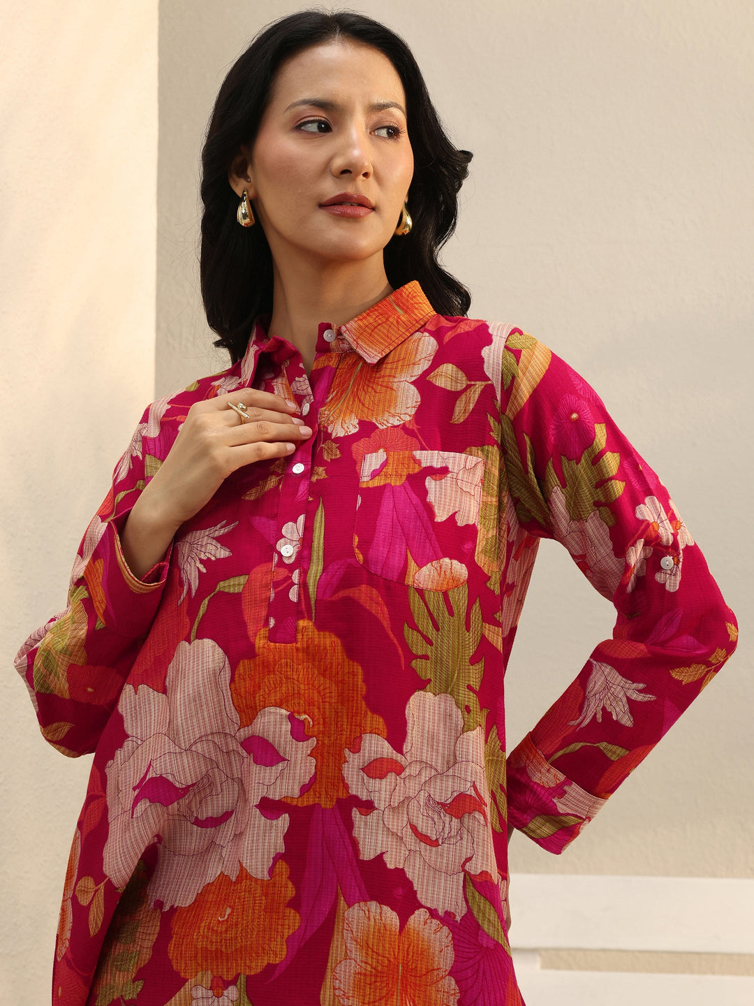  Pink Floral Printed Silk Blend Tunic 