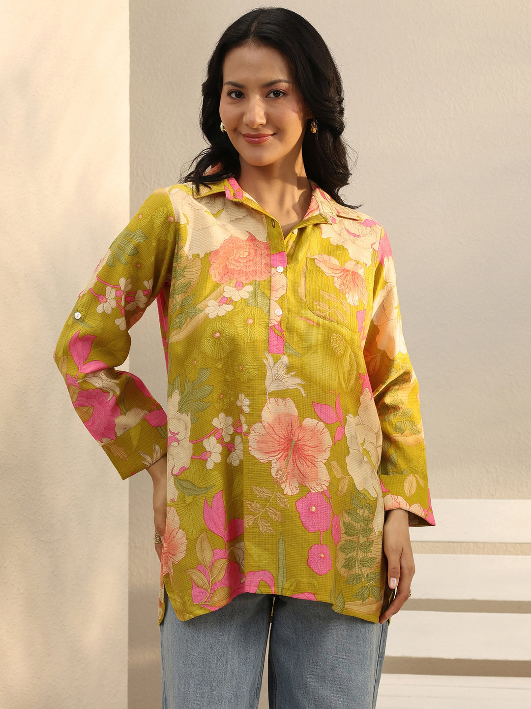  Green Floral Printed Silk Blend Tunic 