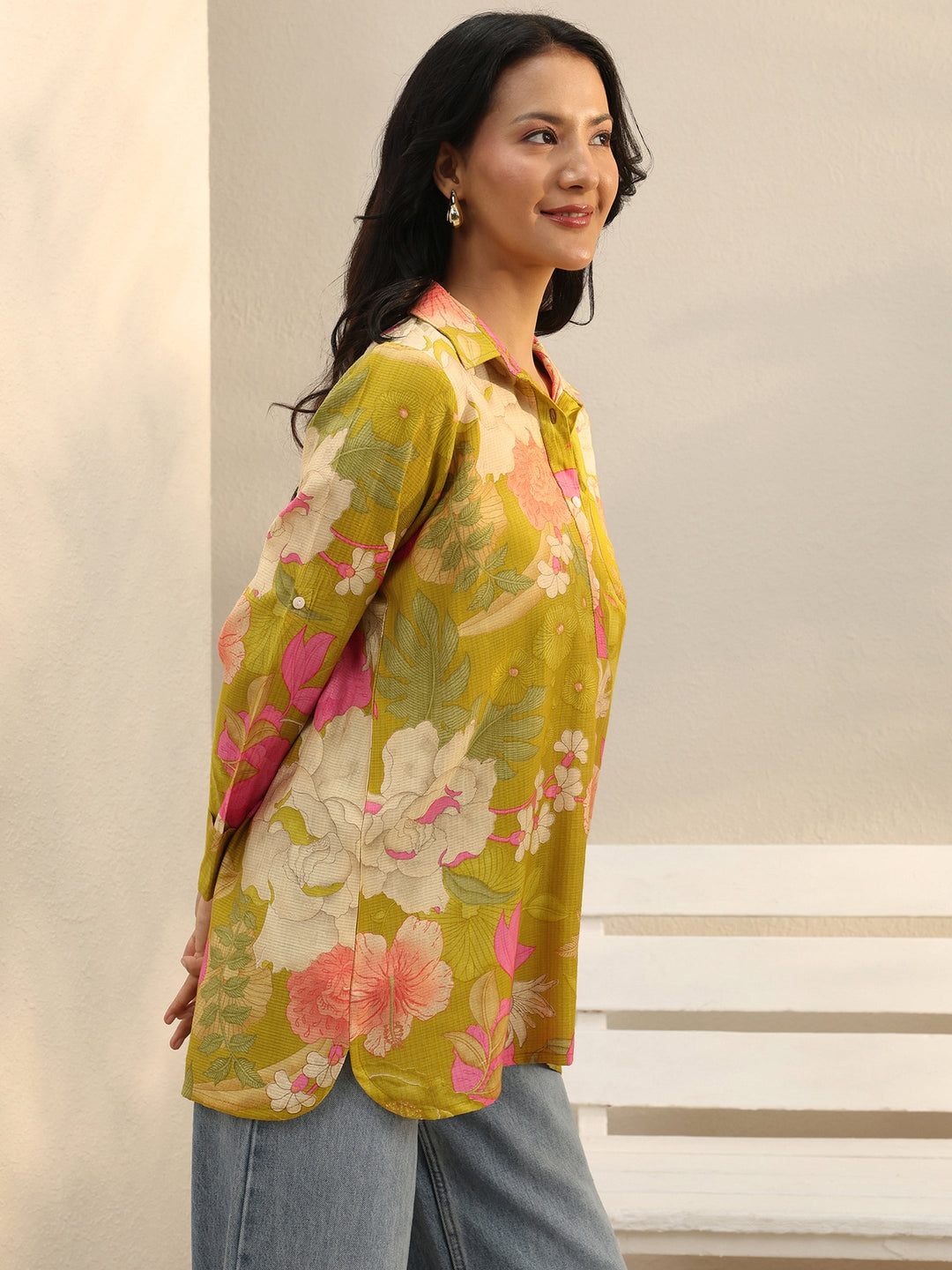  Green Floral Printed Silk Blend Tunic 