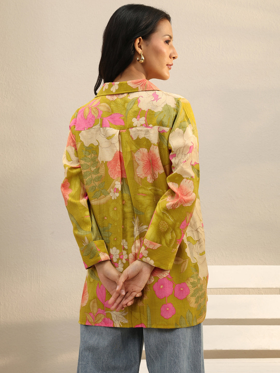  Green Floral Printed Silk Blend Tunic 