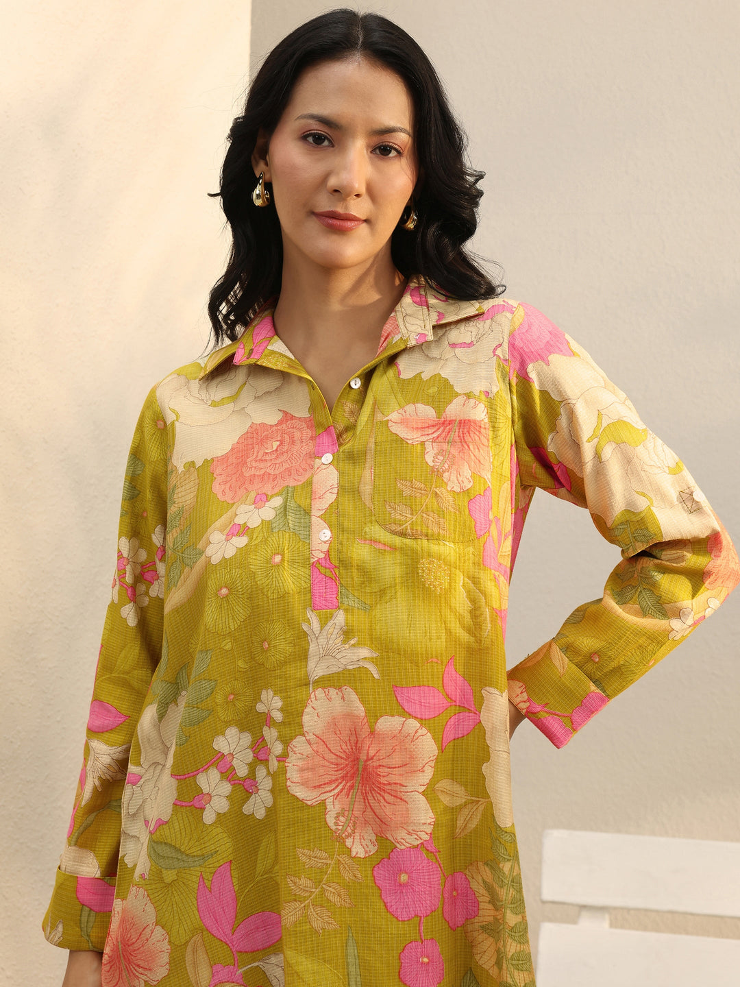  Green Floral Printed Silk Blend Tunic 