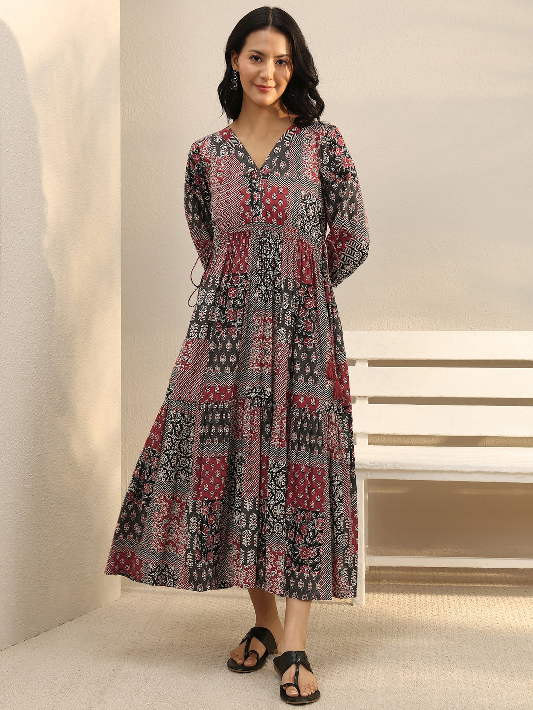 Multi Colour Ethnic Printed Cotton A-Line One Piece Dress 