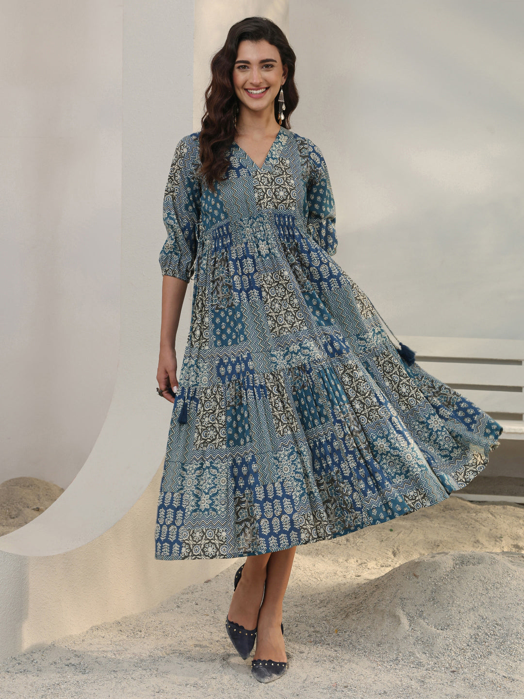  Blue Ethnic Printed Cotton A-Line One Piece Dress 