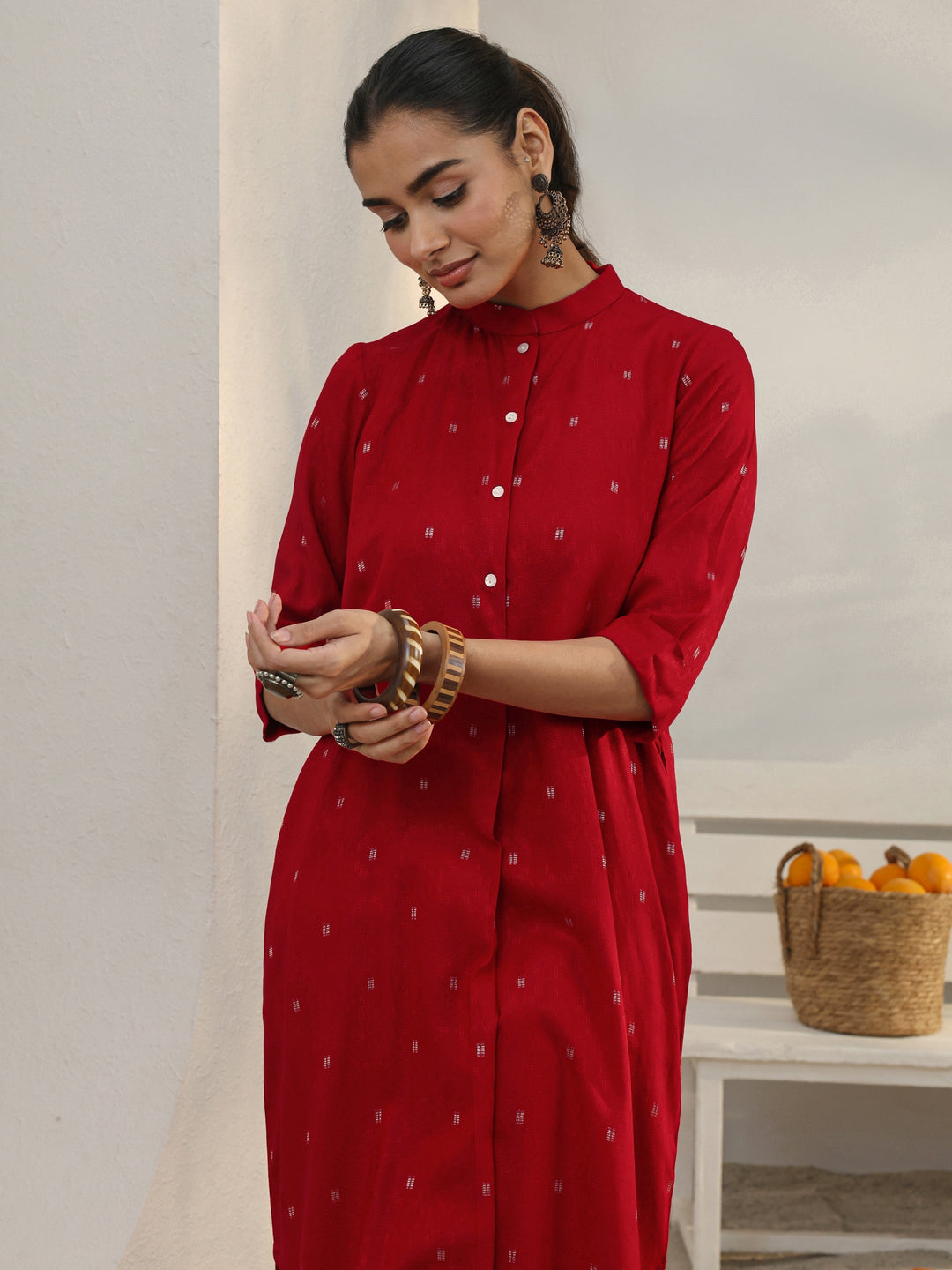  Red Woven Design Rayon Straight Kurta 