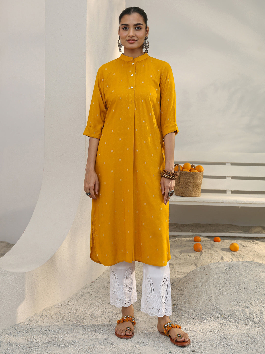  Mustard Woven Design Rayon Straight Kurta 