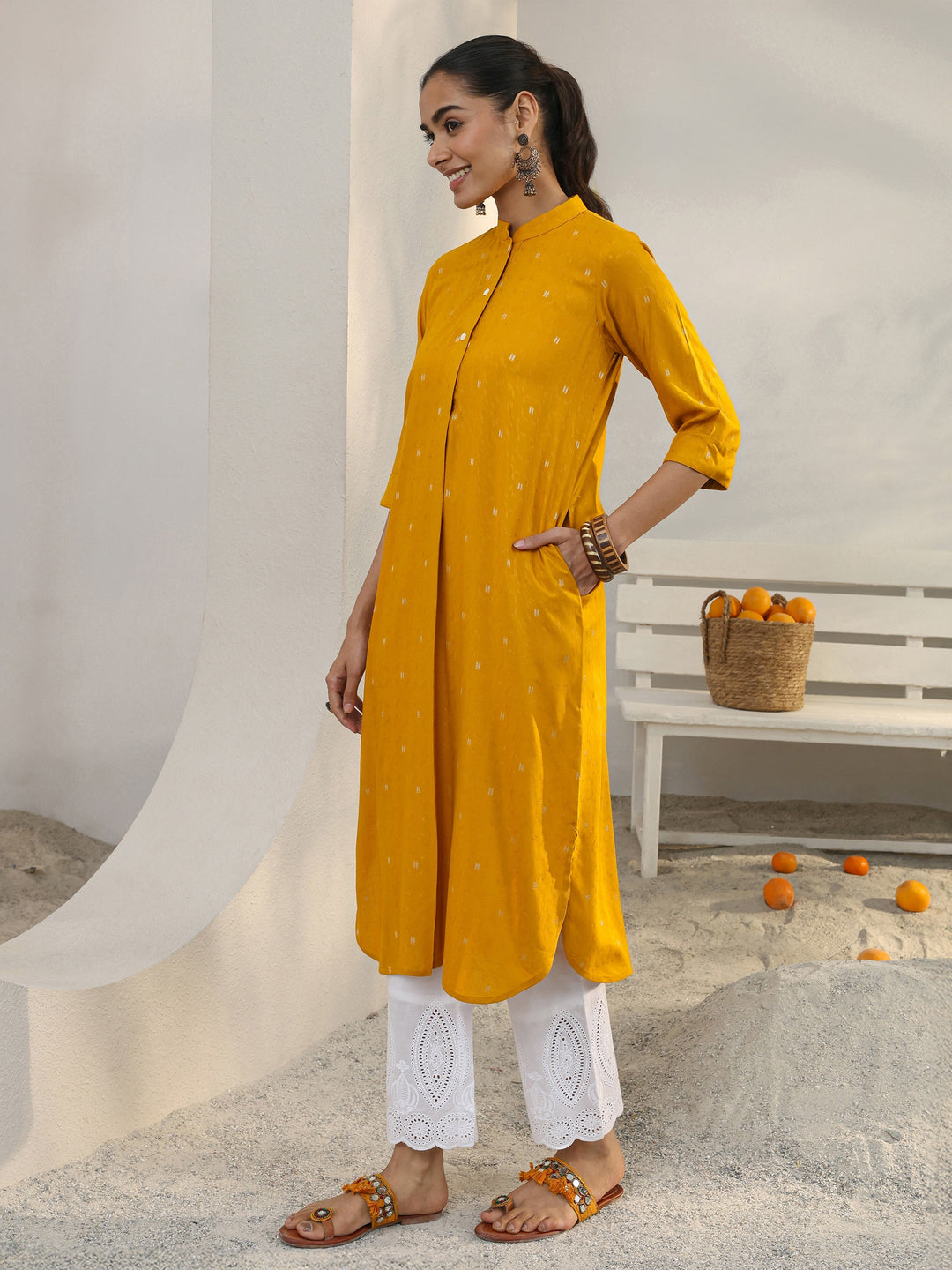  Mustard Woven Design Rayon Straight Kurta 