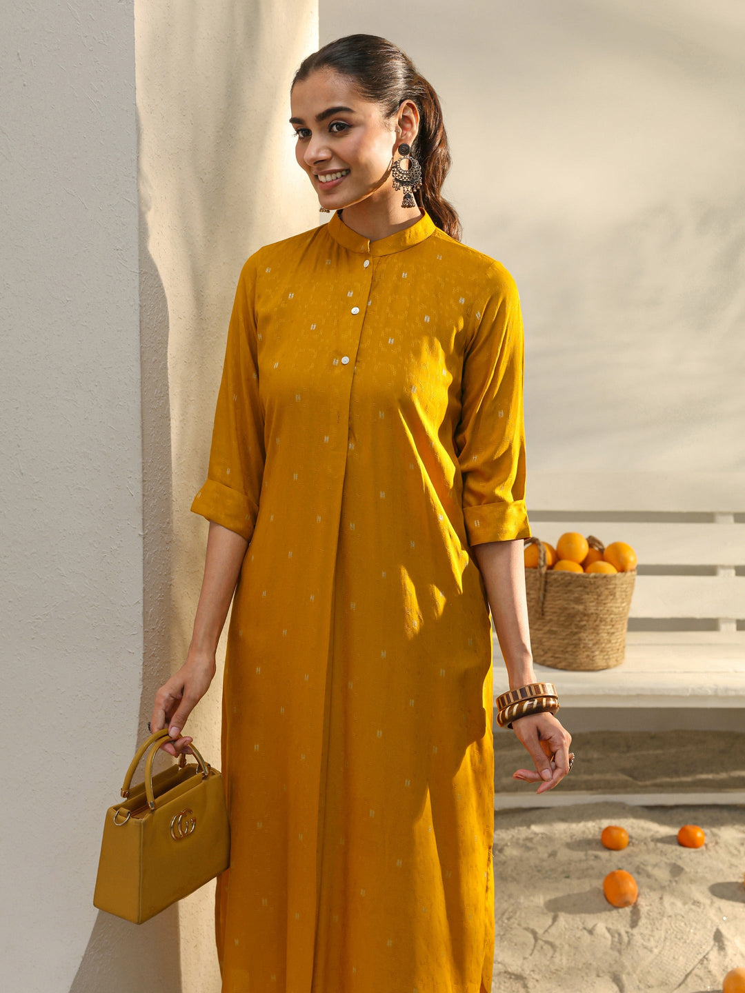  Mustard Woven Design Rayon Straight Kurta 