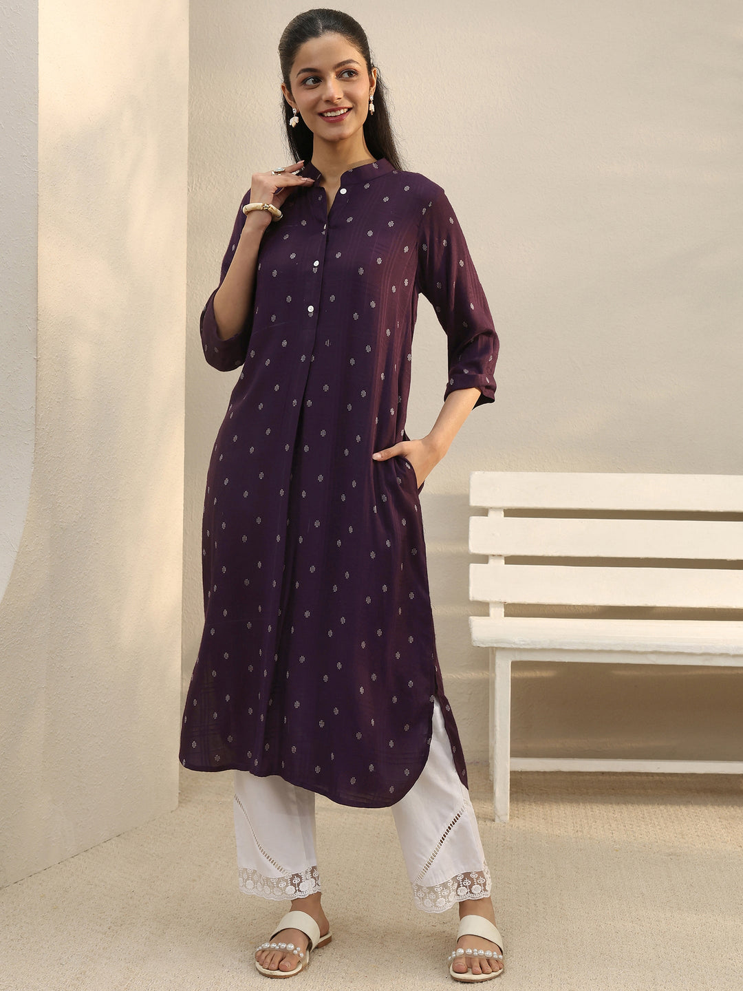  Burgundy Woven Design Rayon Straight Kurta 