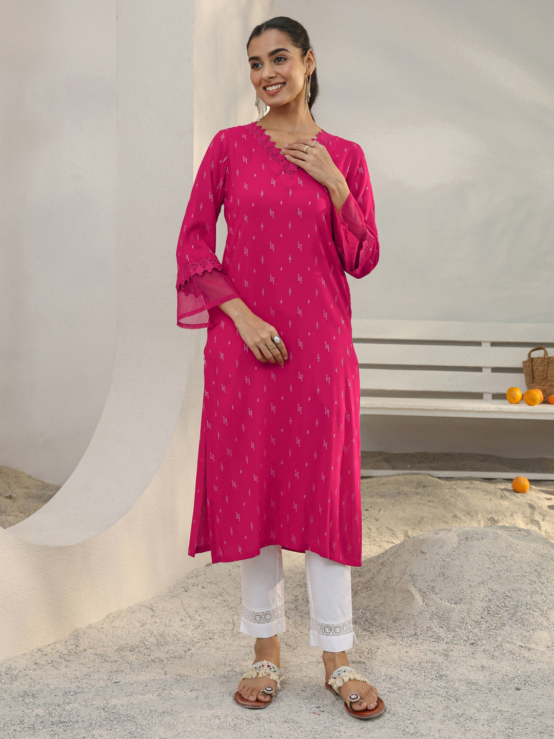  Pink Woven Design Rayon Straight Kurta 