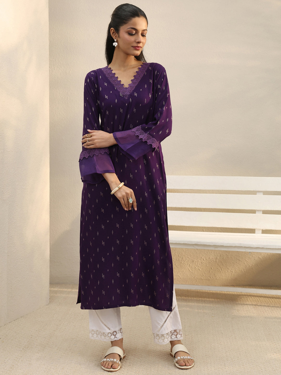  Purple Yoke Woven Design Straight Kurta With Pocket 