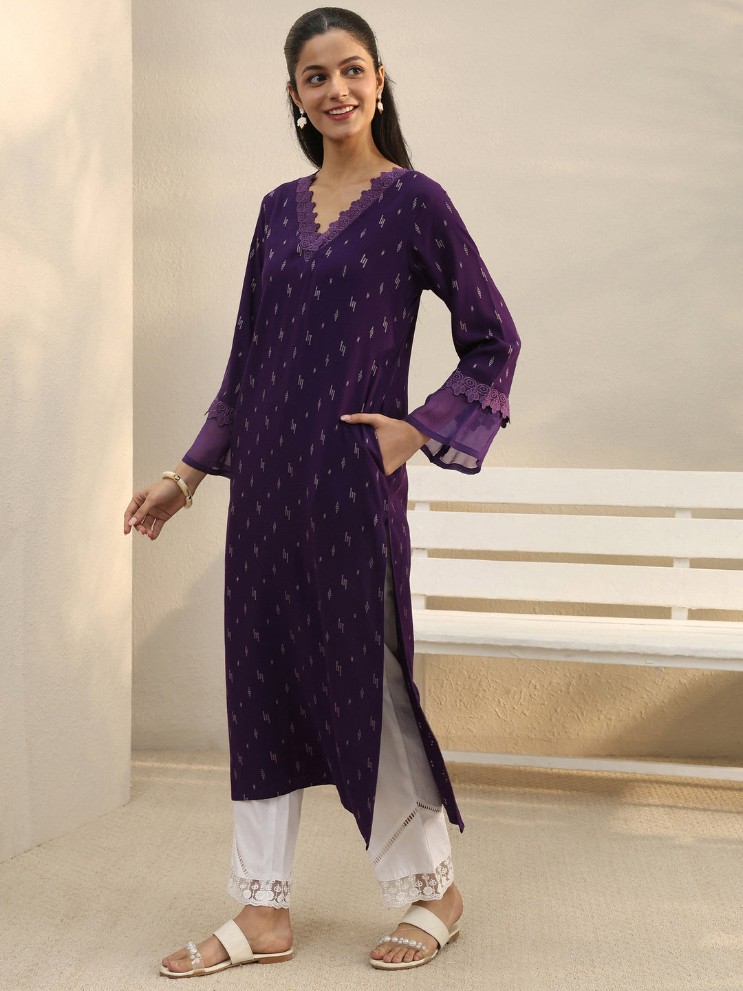  Purple Yoke Woven Design Straight Kurta With Pocket 