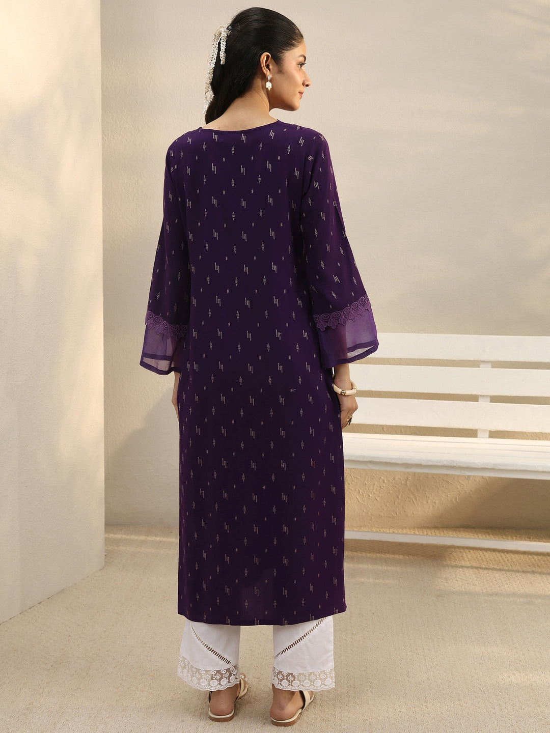  Purple Yoke Woven Design Straight Kurta With Pocket 