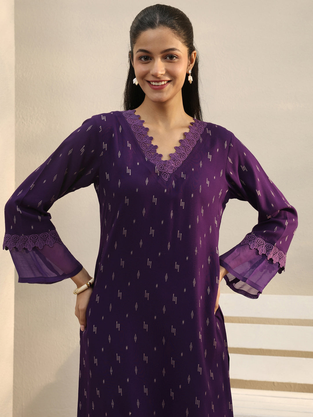  Purple Yoke Woven Design Straight Kurta With Pocket 
