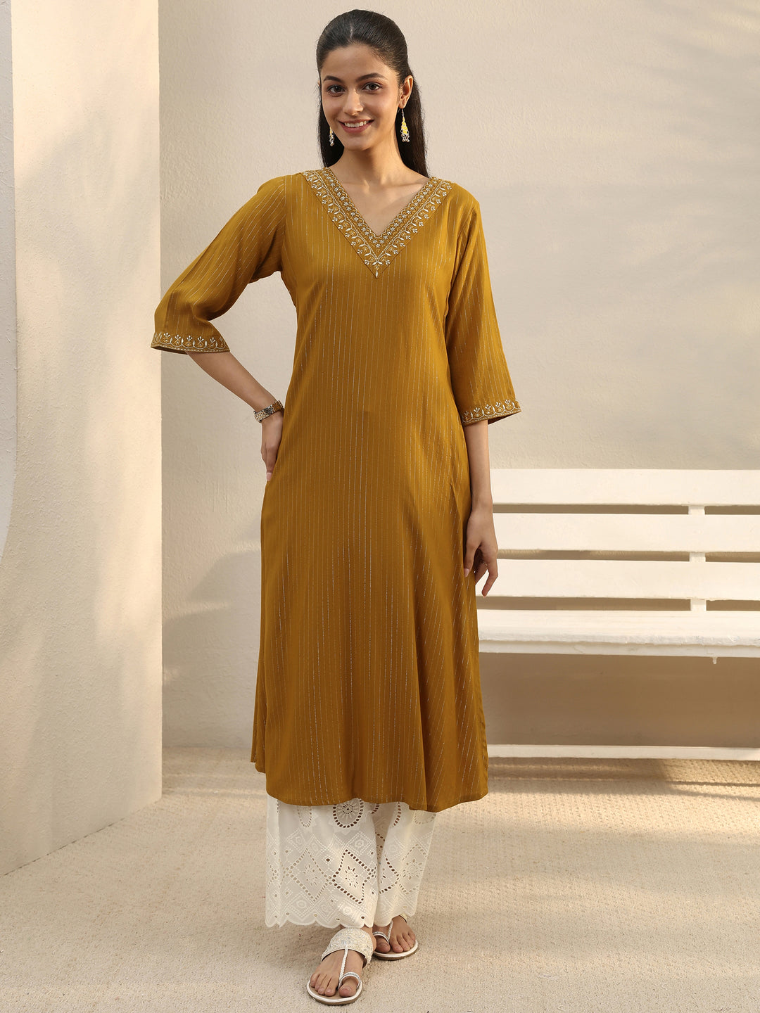  Mustard Striped Rayon Straight Kurta 