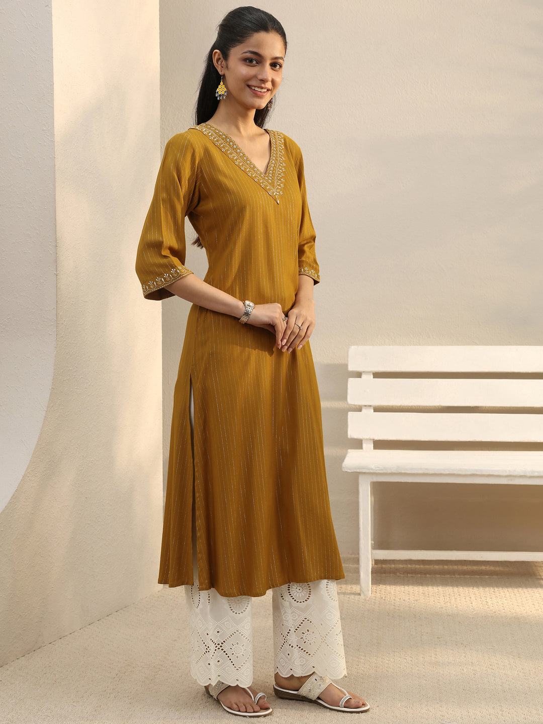  Mustard Striped Rayon Straight Kurta 