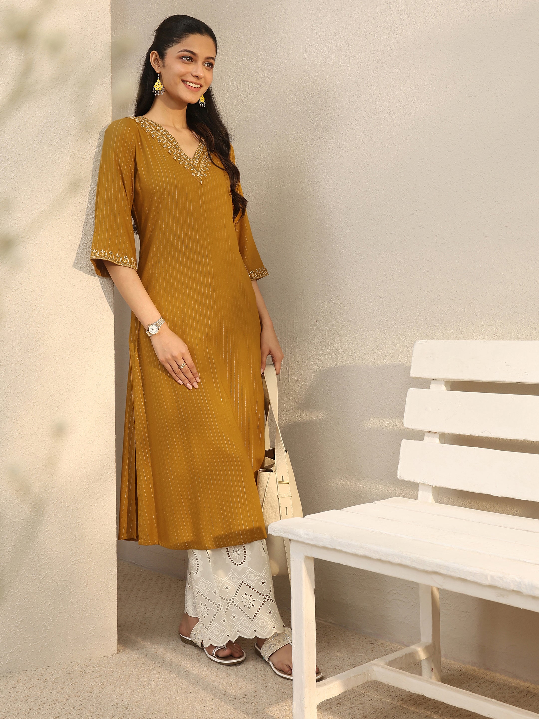 Libas Mustard Striped Rayon Straight Kurta-picture-10