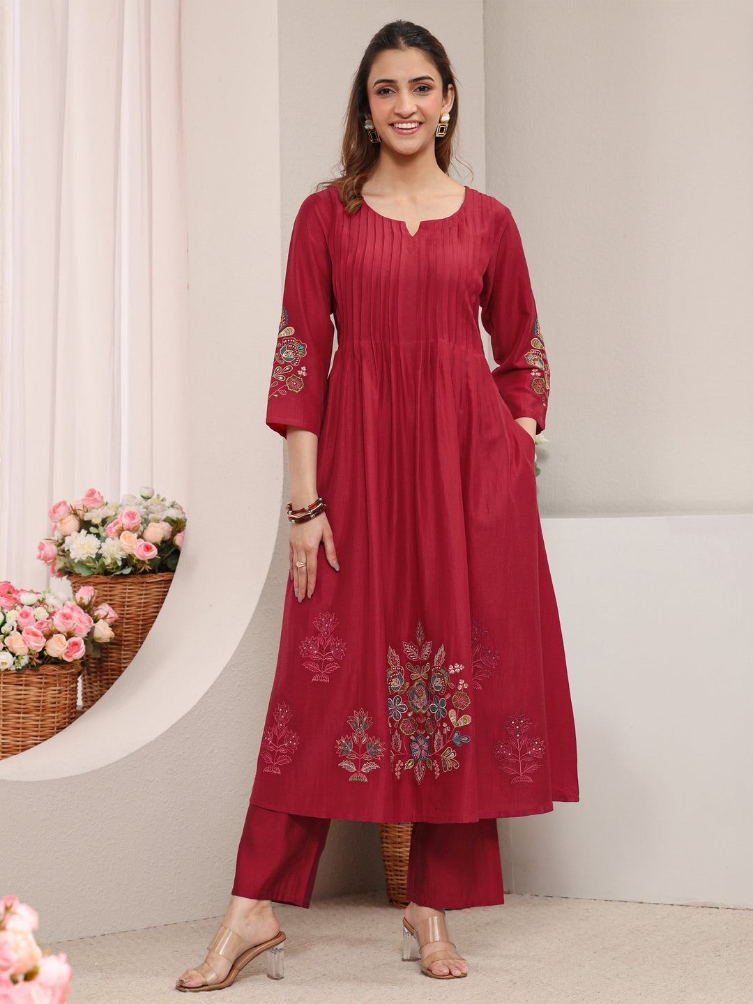  Red Floral Embroidered Silk Blend A-Line Kurta 