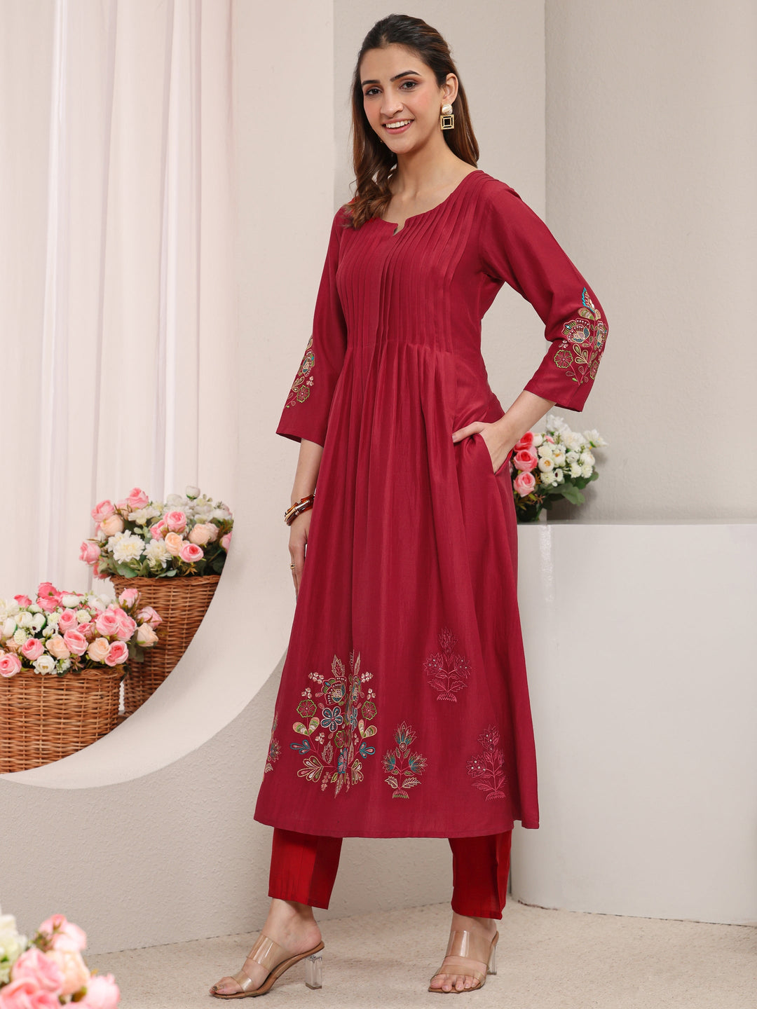  Red Floral Embroidered Silk Blend A-Line Kurta 