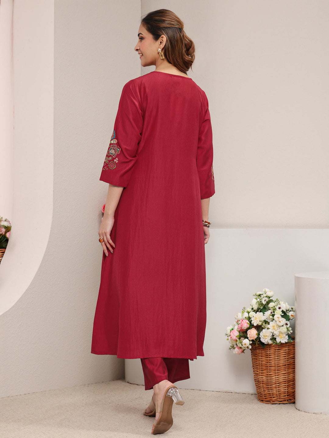  Red Floral Embroidered Silk Blend A-Line Kurta 