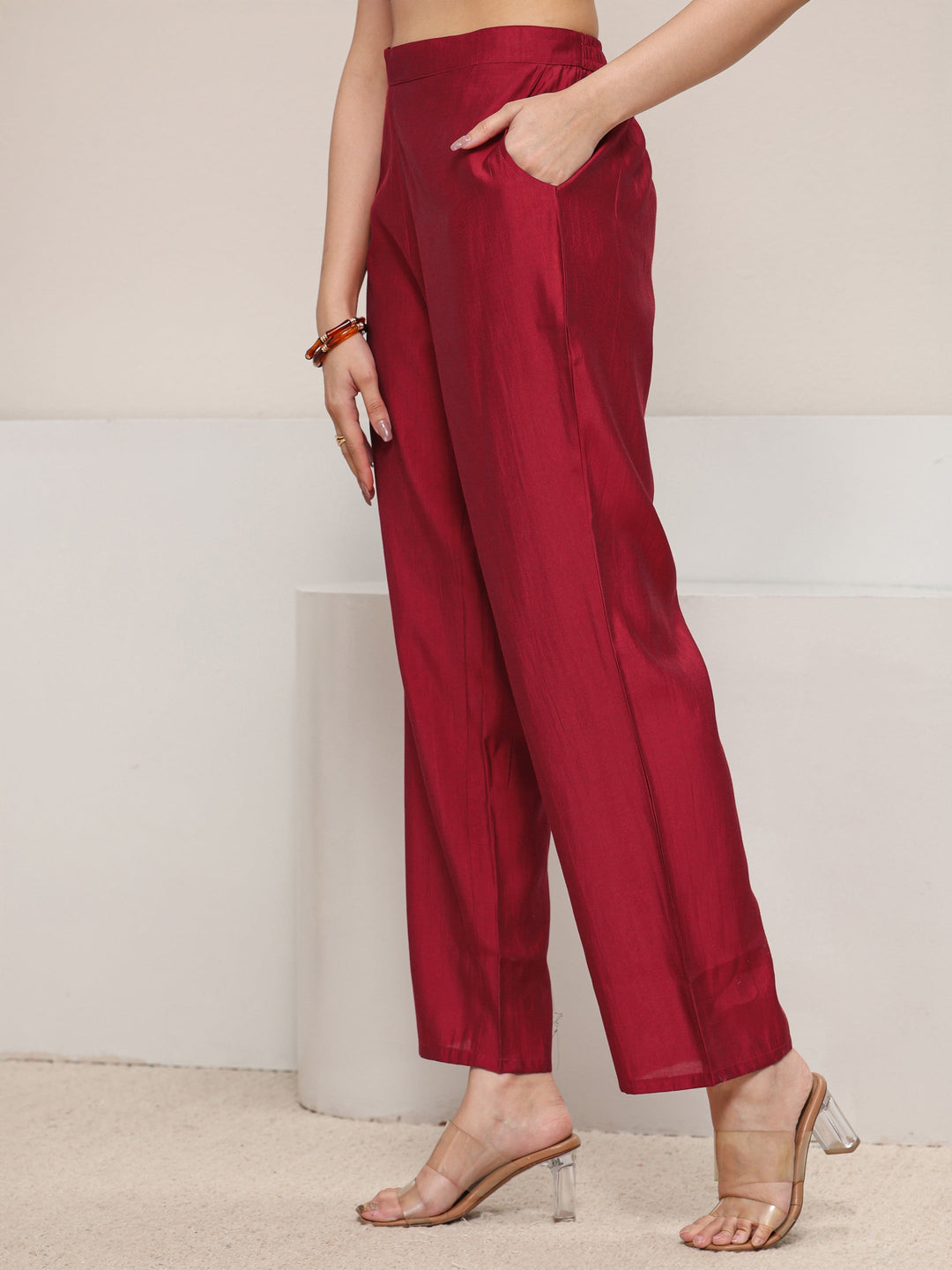  Red Floral Embroidered Silk Blend A-Line Kurta 