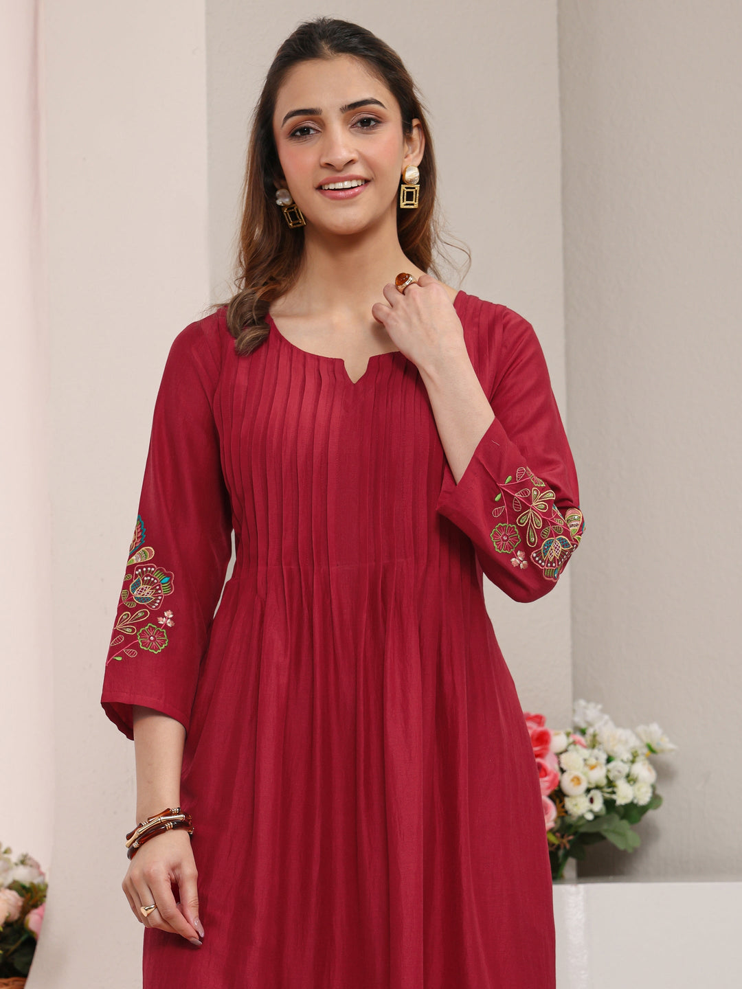  Red Floral Embroidered Silk Blend A-Line Kurta 
