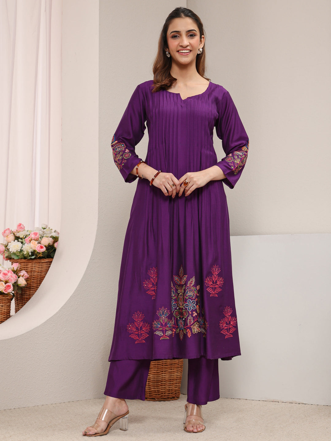  Purple Floral Embroidered Silk Blend A-Line Kurta 