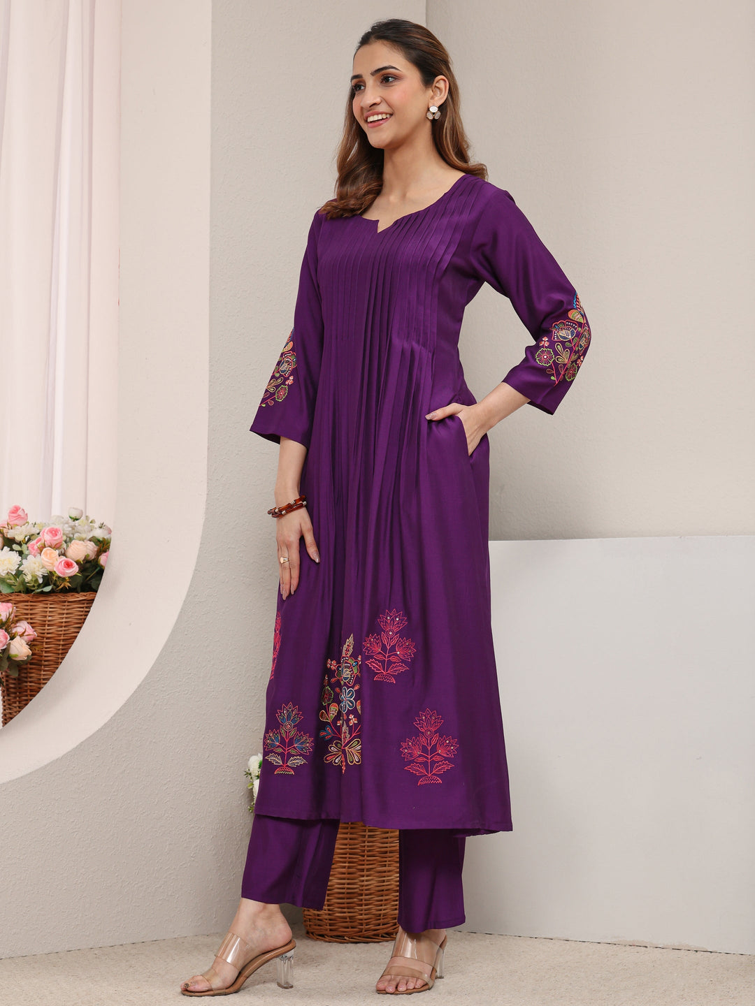 Purple Floral Embroidered Silk Blend A-Line Kurta 