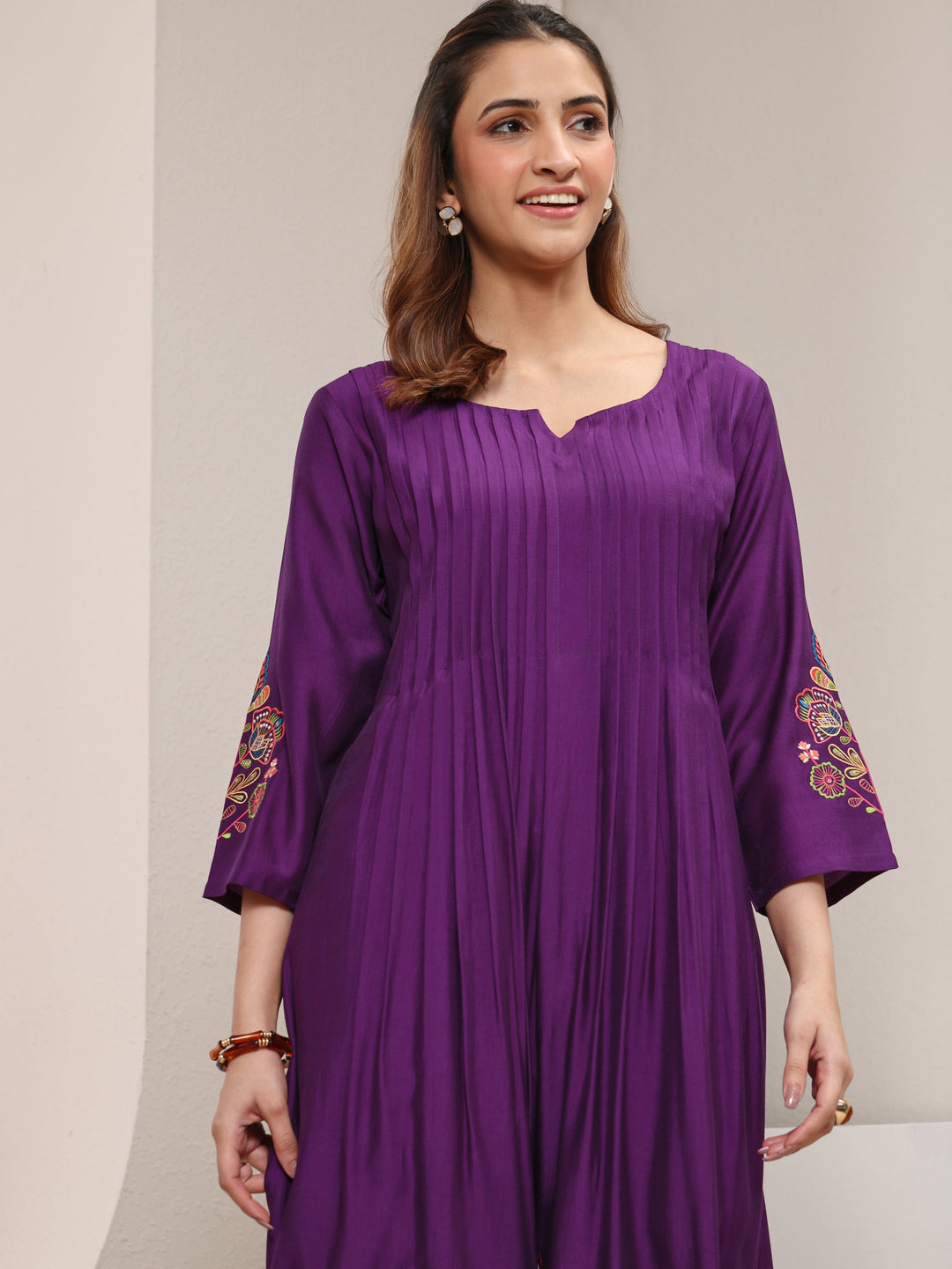  Purple Floral Embroidered Silk Blend A-Line Kurta 