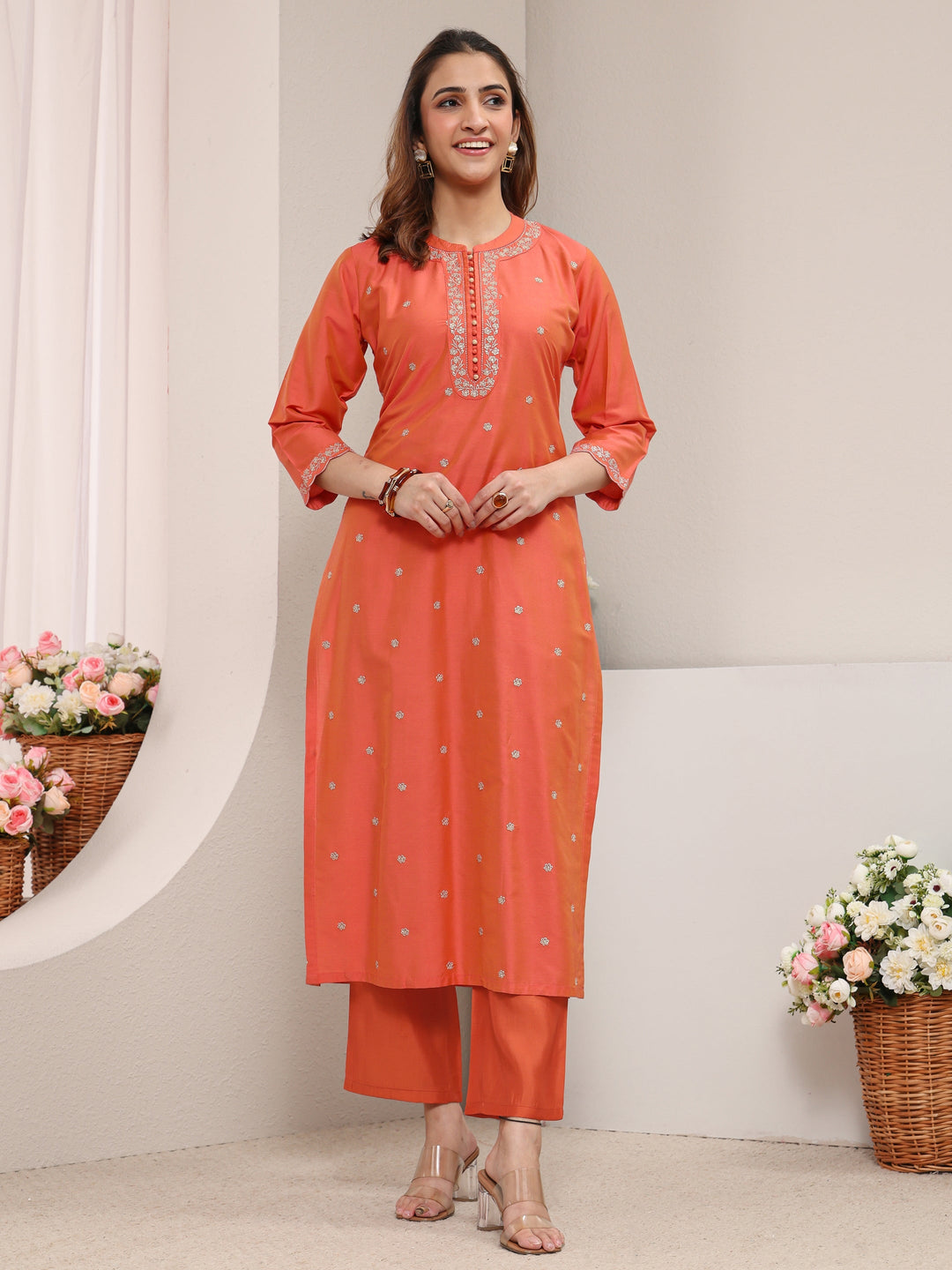  Orange Embellished Silk Blend Straight Kurta 